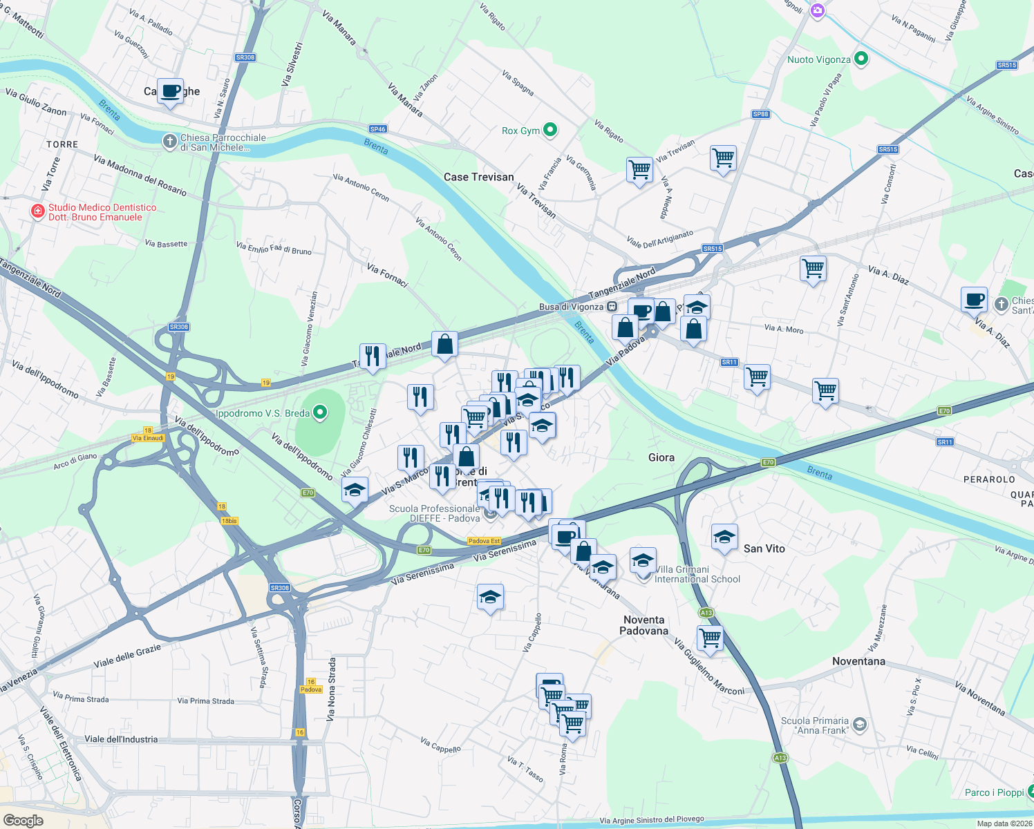 map of restaurants, bars, coffee shops, grocery stores, and more near 145 Via San Marco in Padova