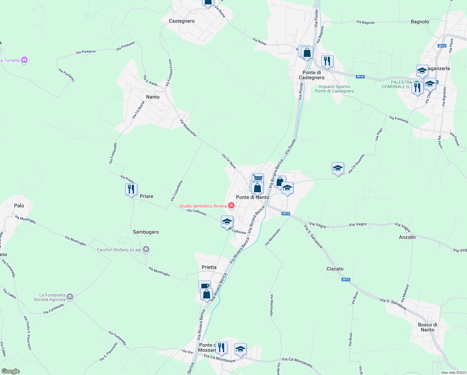 map of restaurants, bars, coffee shops, grocery stores, and more near 8 Via XXV Aprile in Provincia di Vicenza