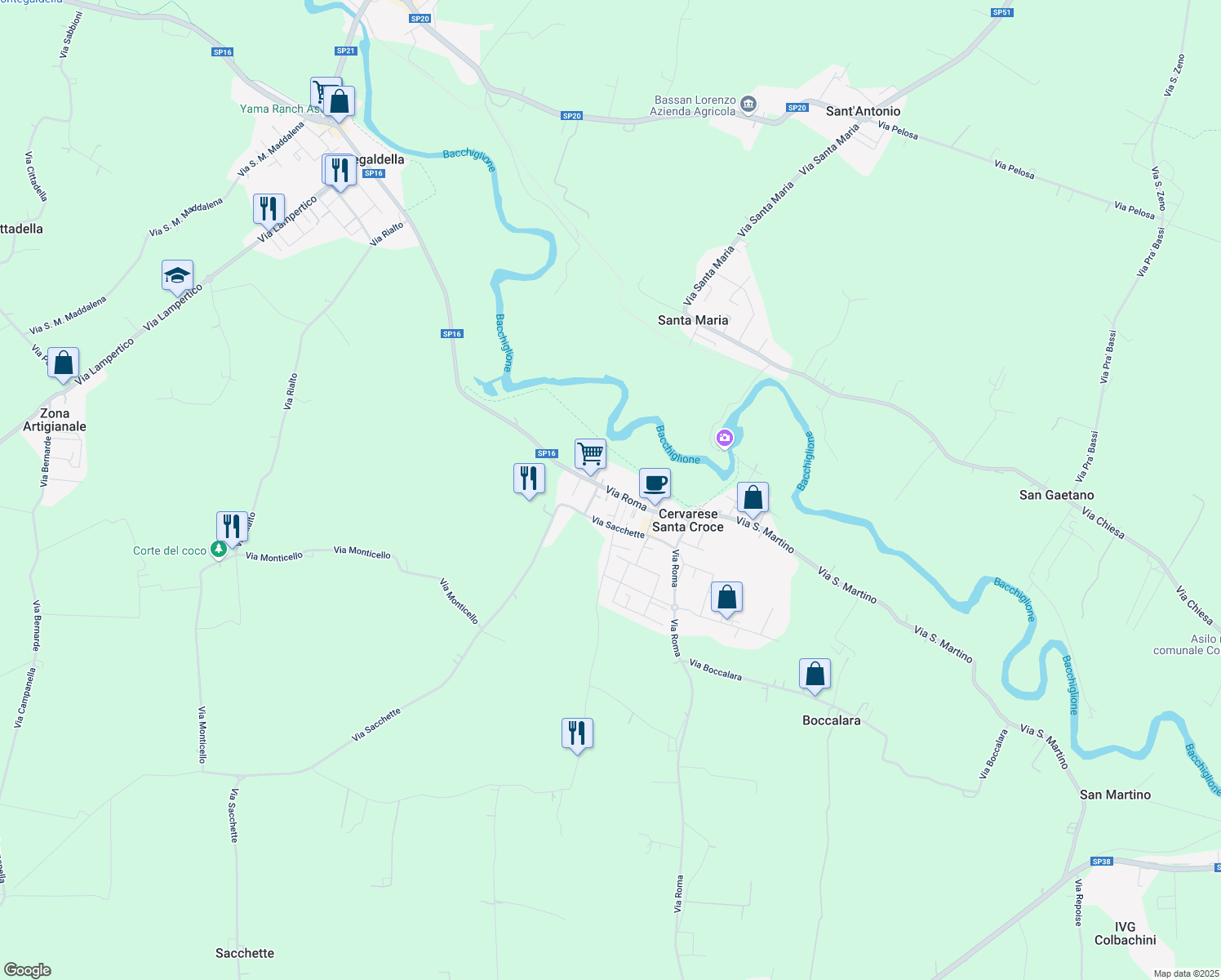 map of restaurants, bars, coffee shops, grocery stores, and more near 14 Via Roma in Cervarese Santa Croce