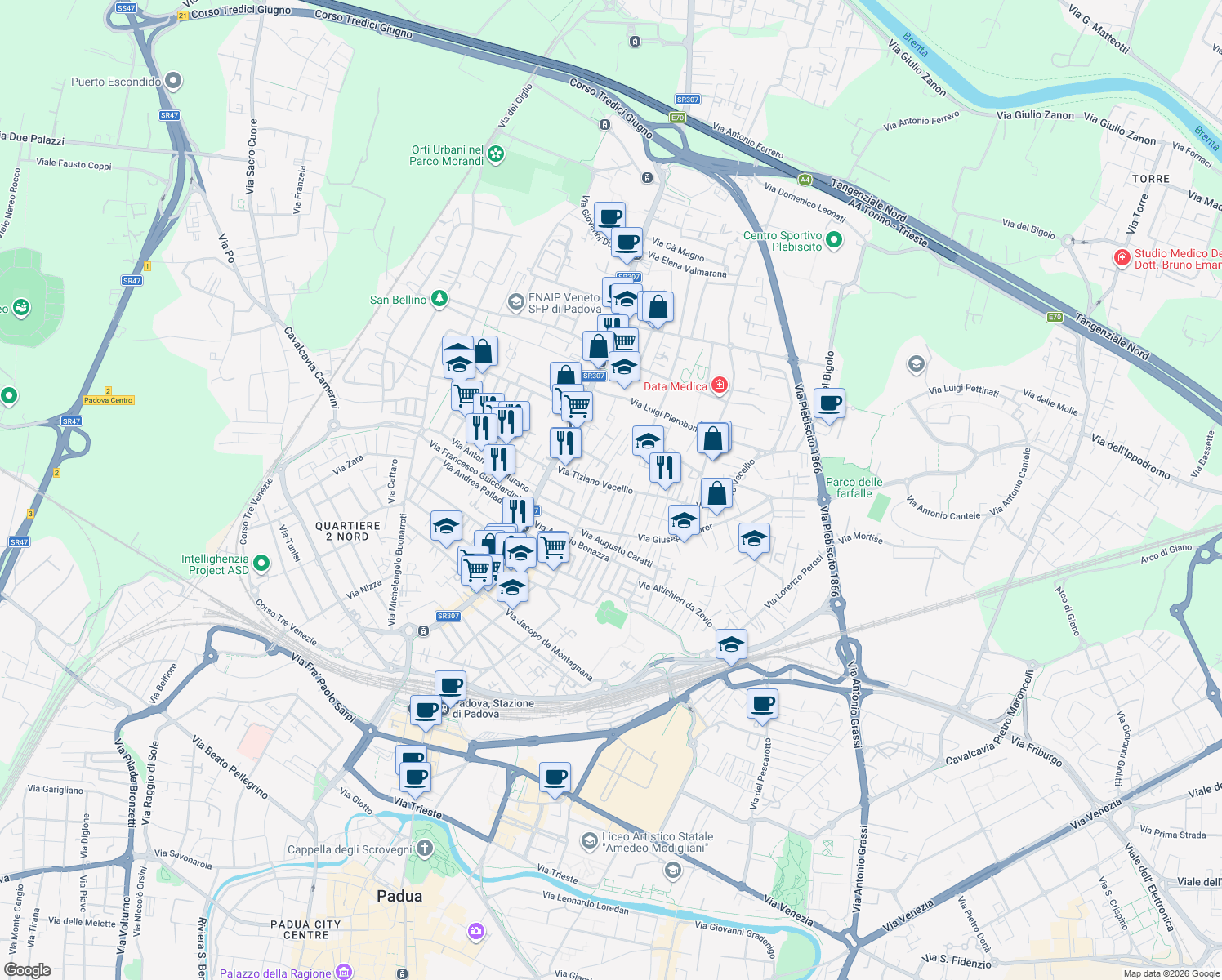 map of restaurants, bars, coffee shops, grocery stores, and more near 4 Via Bartolomeo Ammannati in Padova
