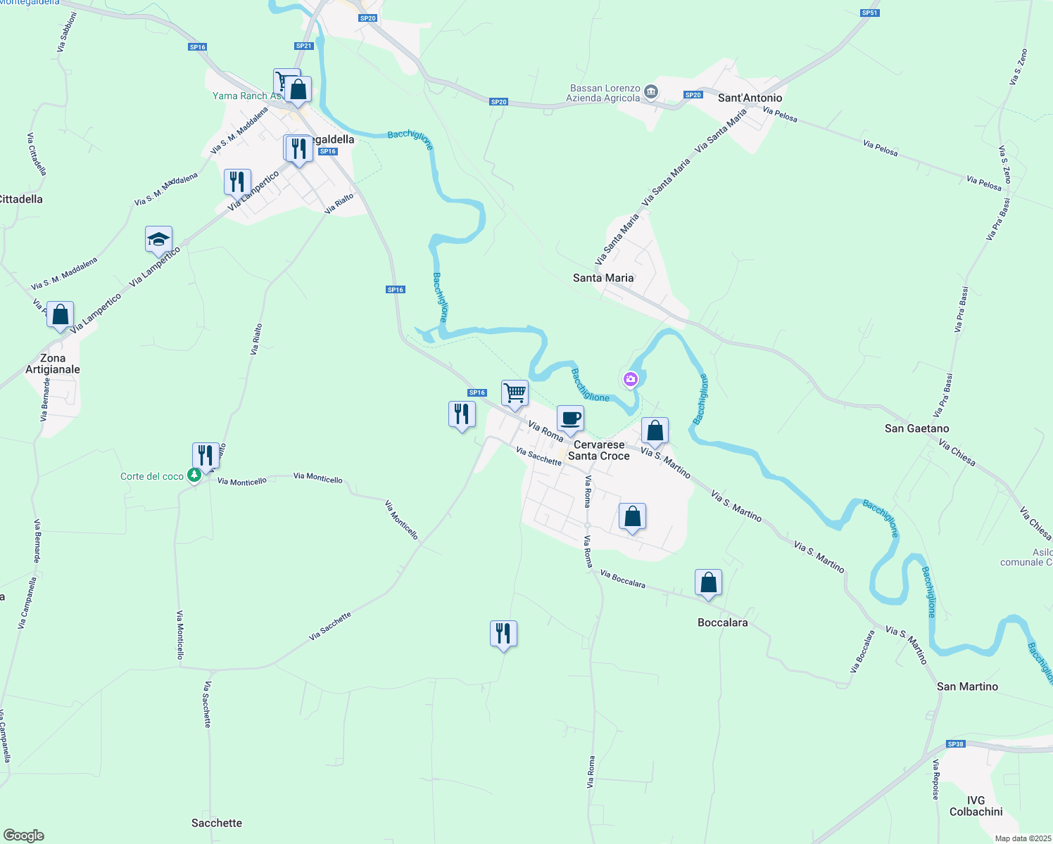 map of restaurants, bars, coffee shops, grocery stores, and more near 14 Via Roma in Cervarese Santa Croce