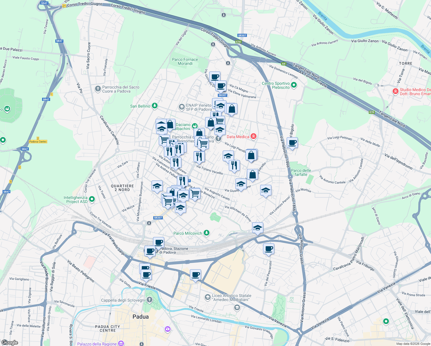 map of restaurants, bars, coffee shops, grocery stores, and more near 4 Via Bartolomeo Ammannati in Padova