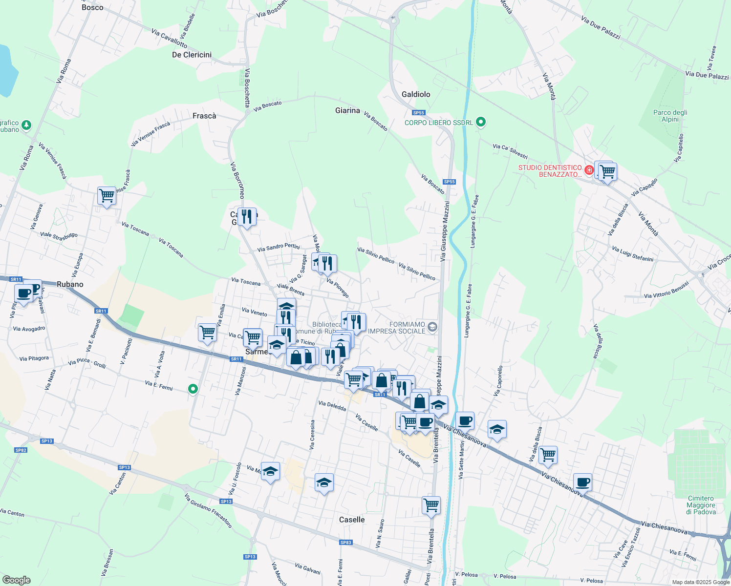 map of restaurants, bars, coffee shops, grocery stores, and more near 32 Viale Po in Sarmeola
