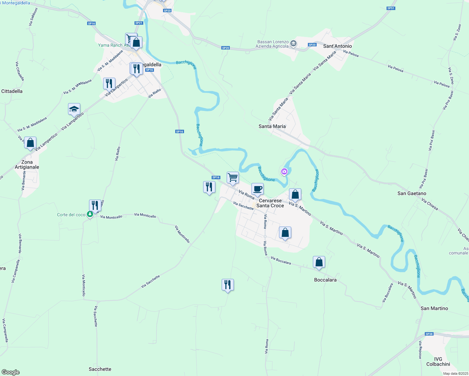 map of restaurants, bars, coffee shops, grocery stores, and more near 5 Via Roma in Cervarese Santa Croce