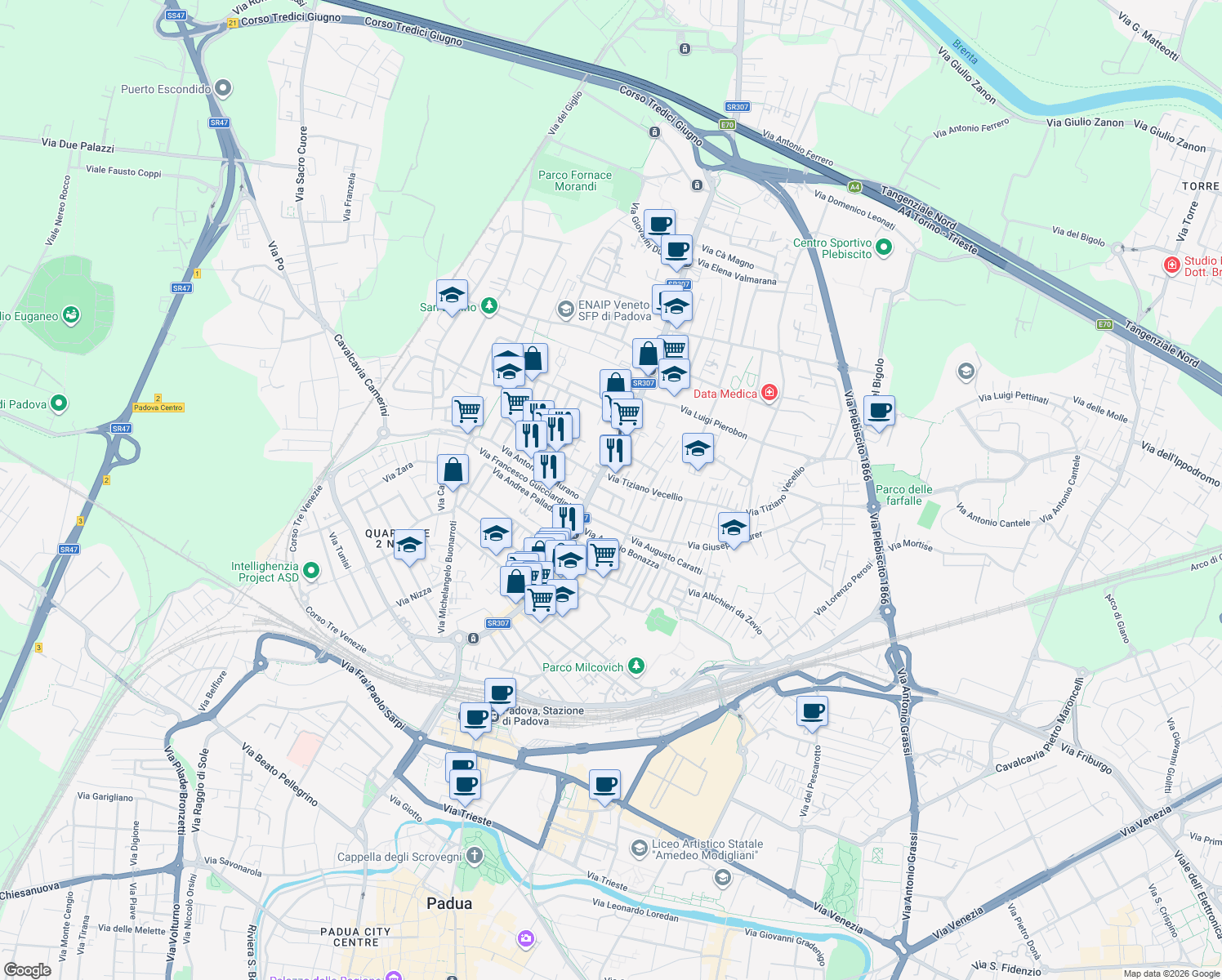 map of restaurants, bars, coffee shops, grocery stores, and more near 185 Via Tiziano Aspetti in Padova