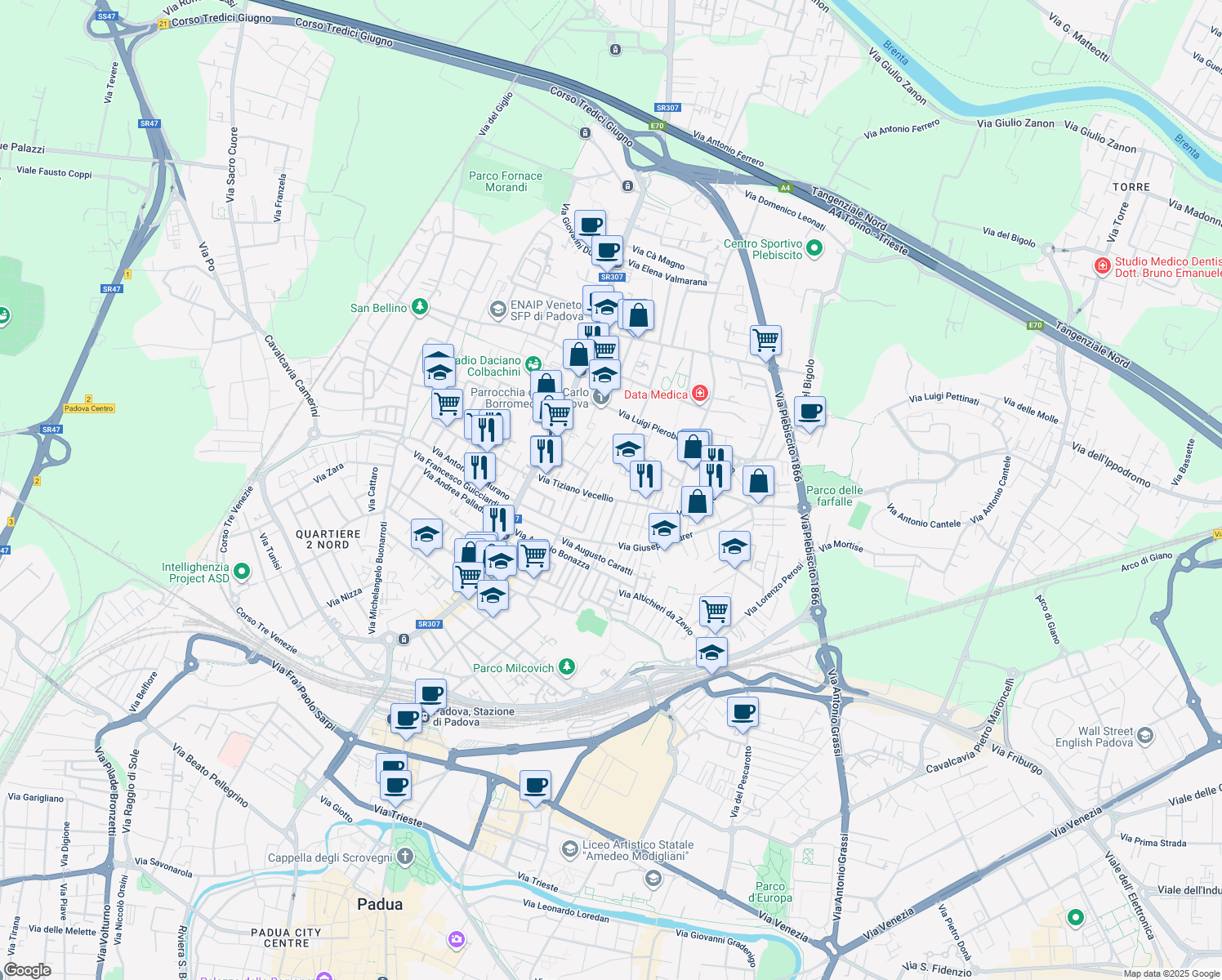 map of restaurants, bars, coffee shops, grocery stores, and more near 3 Via Nicola Amati in Padua