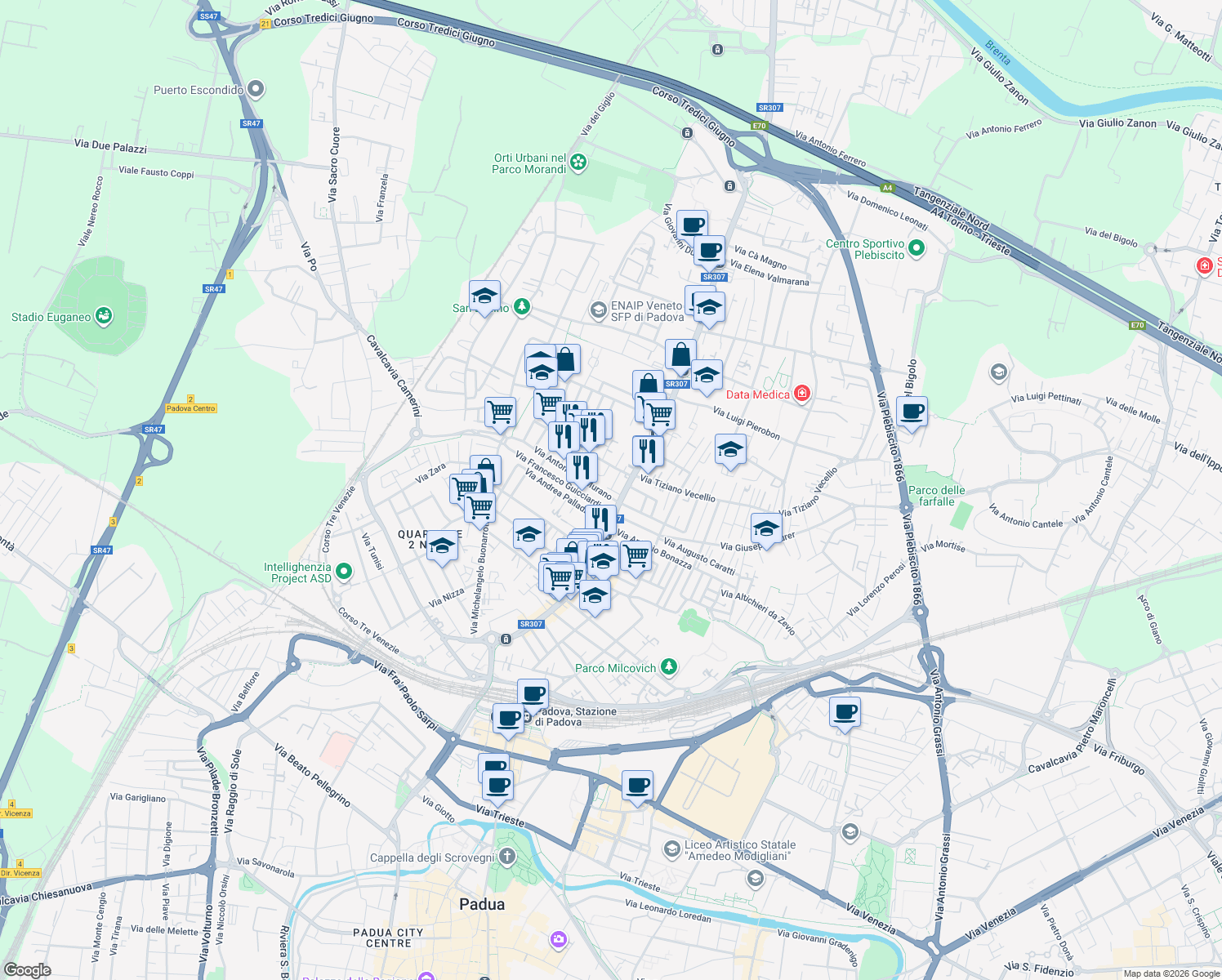 map of restaurants, bars, coffee shops, grocery stores, and more near Via Vincenzo Vela in Padova
