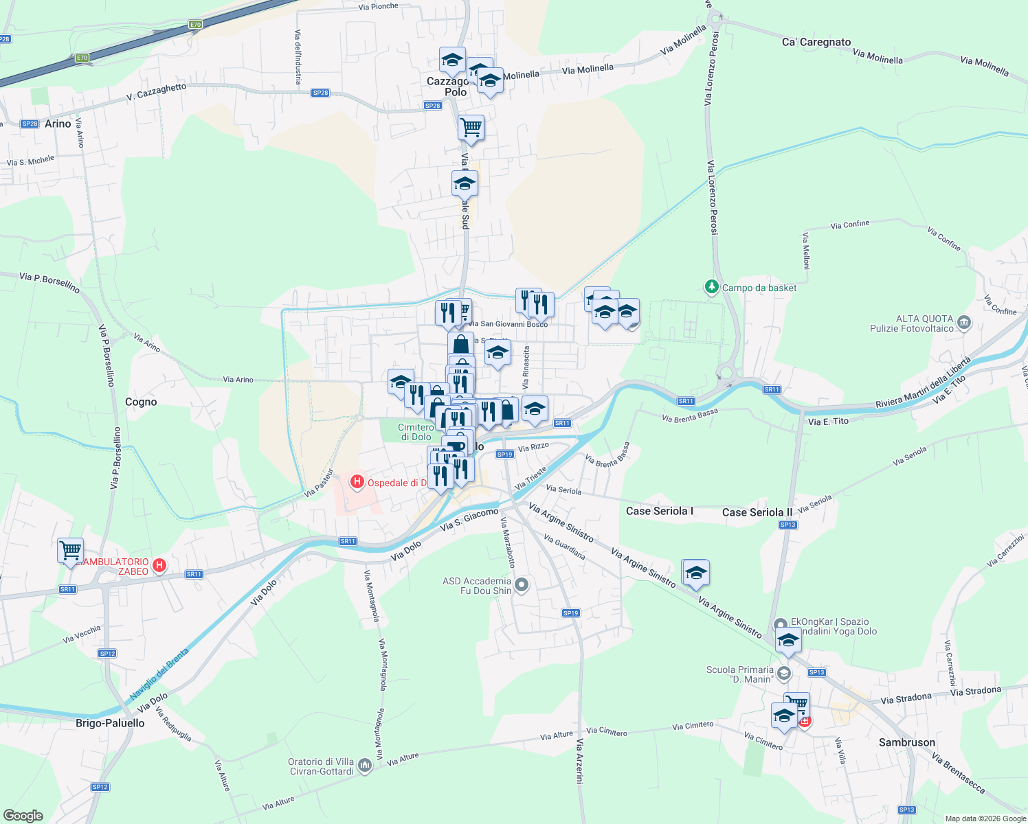 map of restaurants, bars, coffee shops, grocery stores, and more near 10 Via Piave in Dolo
