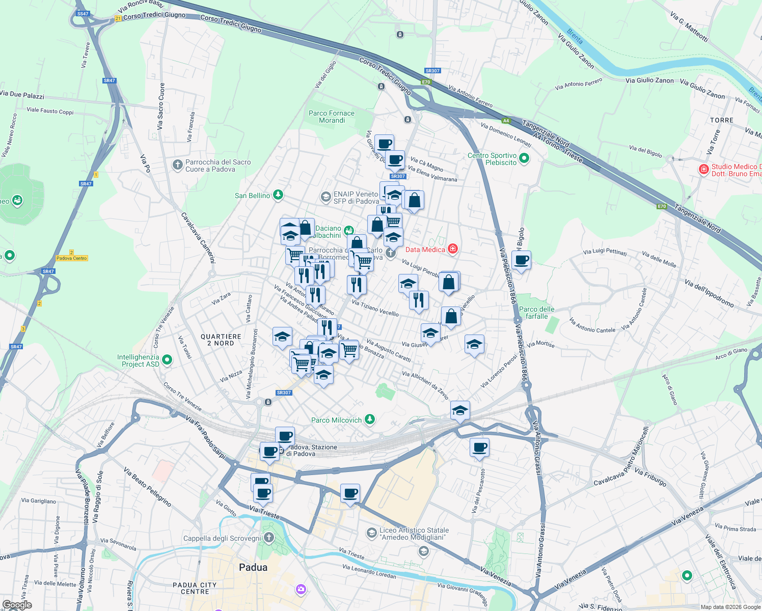map of restaurants, bars, coffee shops, grocery stores, and more near 4 Via Bartolomeo Ammannati in Padova