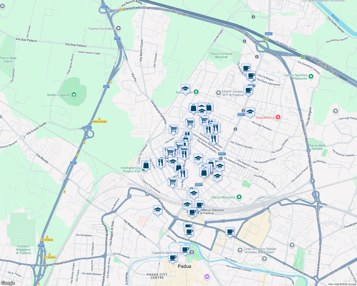 map of restaurants, bars, coffee shops, grocery stores, and more near 9 Via Abbazia in Padova
