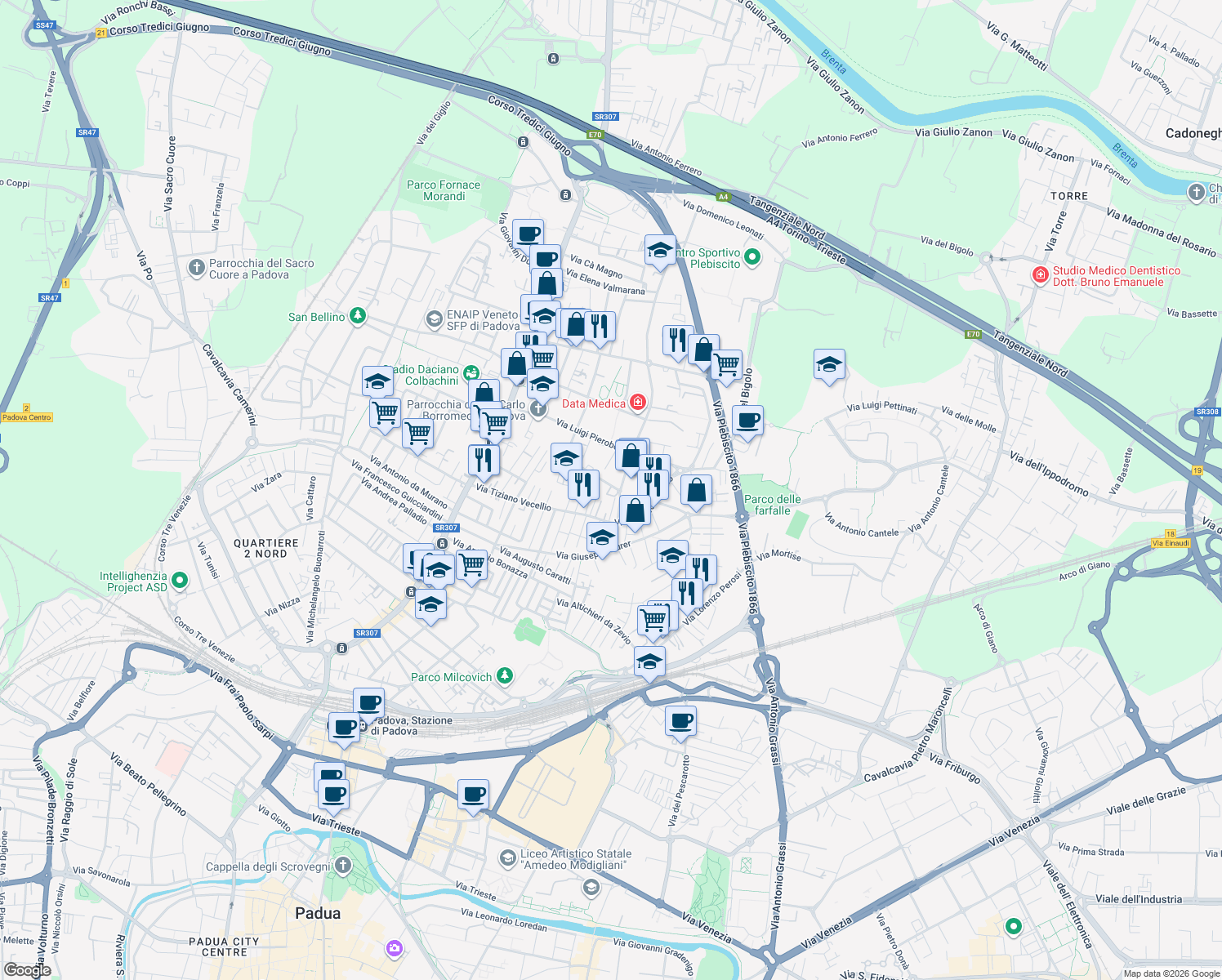 map of restaurants, bars, coffee shops, grocery stores, and more near 18 Via Leonardo da Vinci in Padova