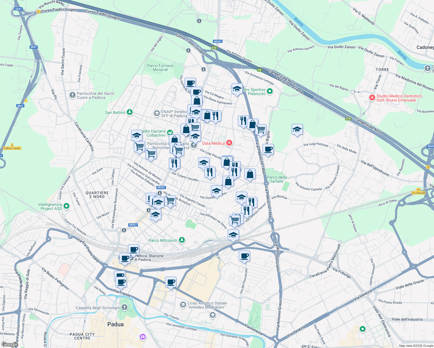 map of restaurants, bars, coffee shops, grocery stores, and more near 18 Via Leonardo da Vinci in Padova