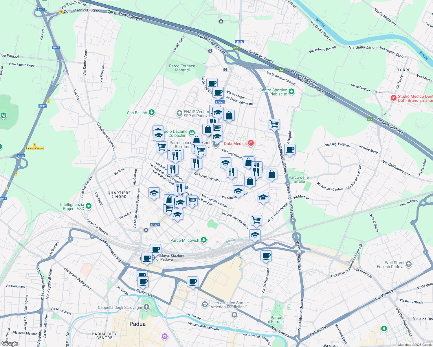 map of restaurants, bars, coffee shops, grocery stores, and more near 3 Via Nicola Amati in Padova