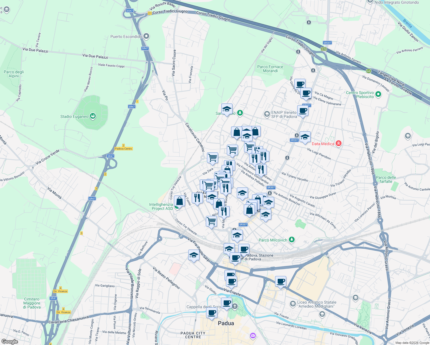 map of restaurants, bars, coffee shops, grocery stores, and more near 9 Via Abbazia in Padova