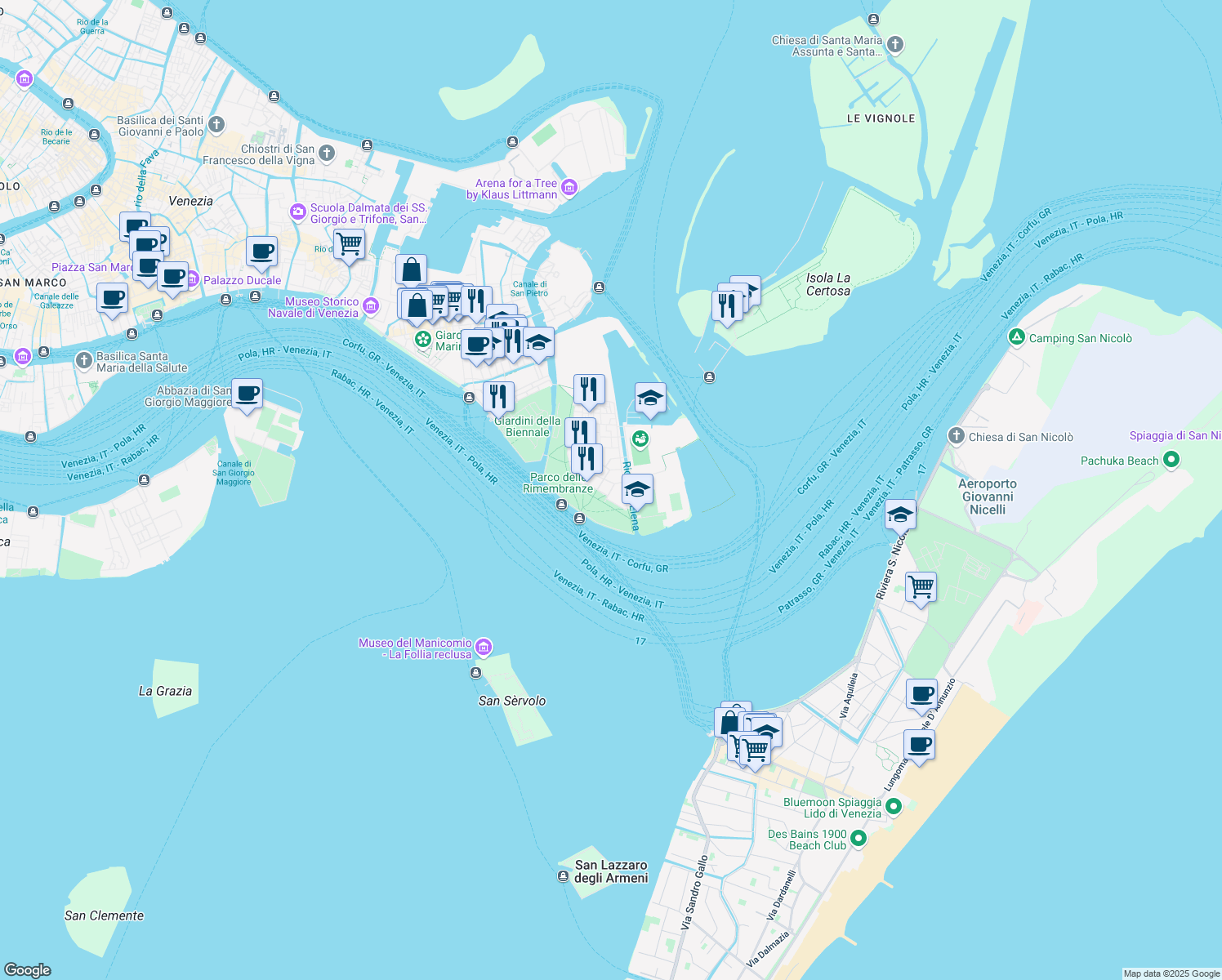 map of restaurants, bars, coffee shops, grocery stores, and more near Calle Buccari in Venice