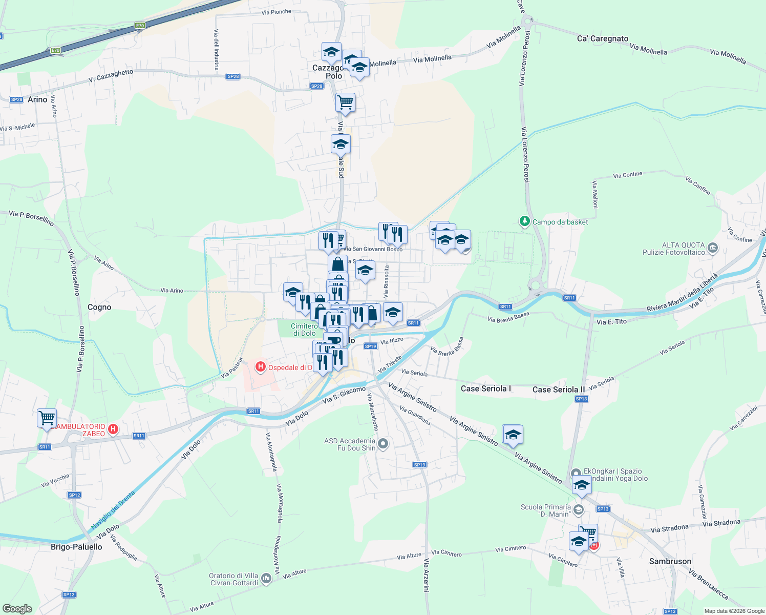map of restaurants, bars, coffee shops, grocery stores, and more near 10 Via Piave in Dolo