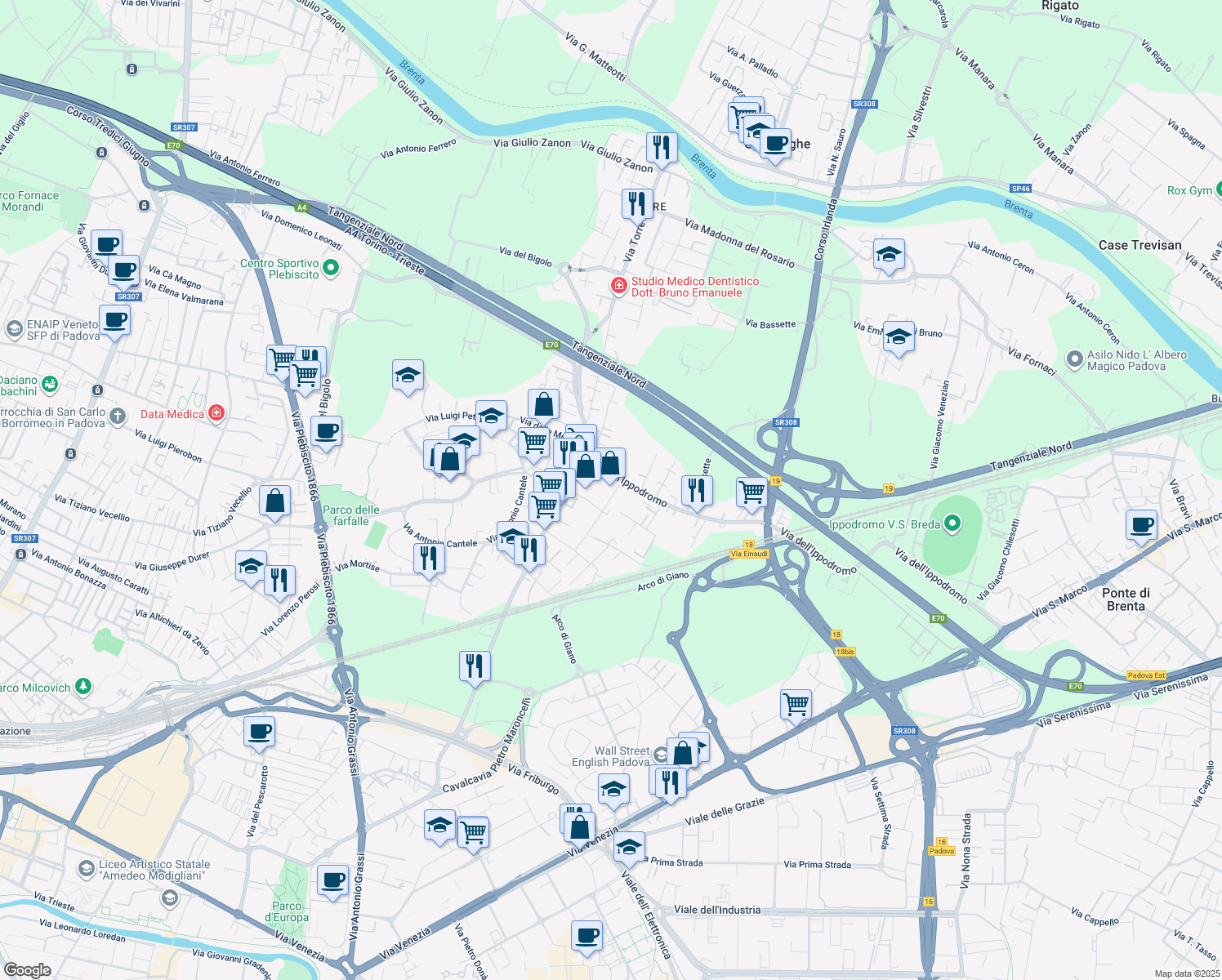 map of restaurants, bars, coffee shops, grocery stores, and more near 17 Via Astorre Lanari in Padova