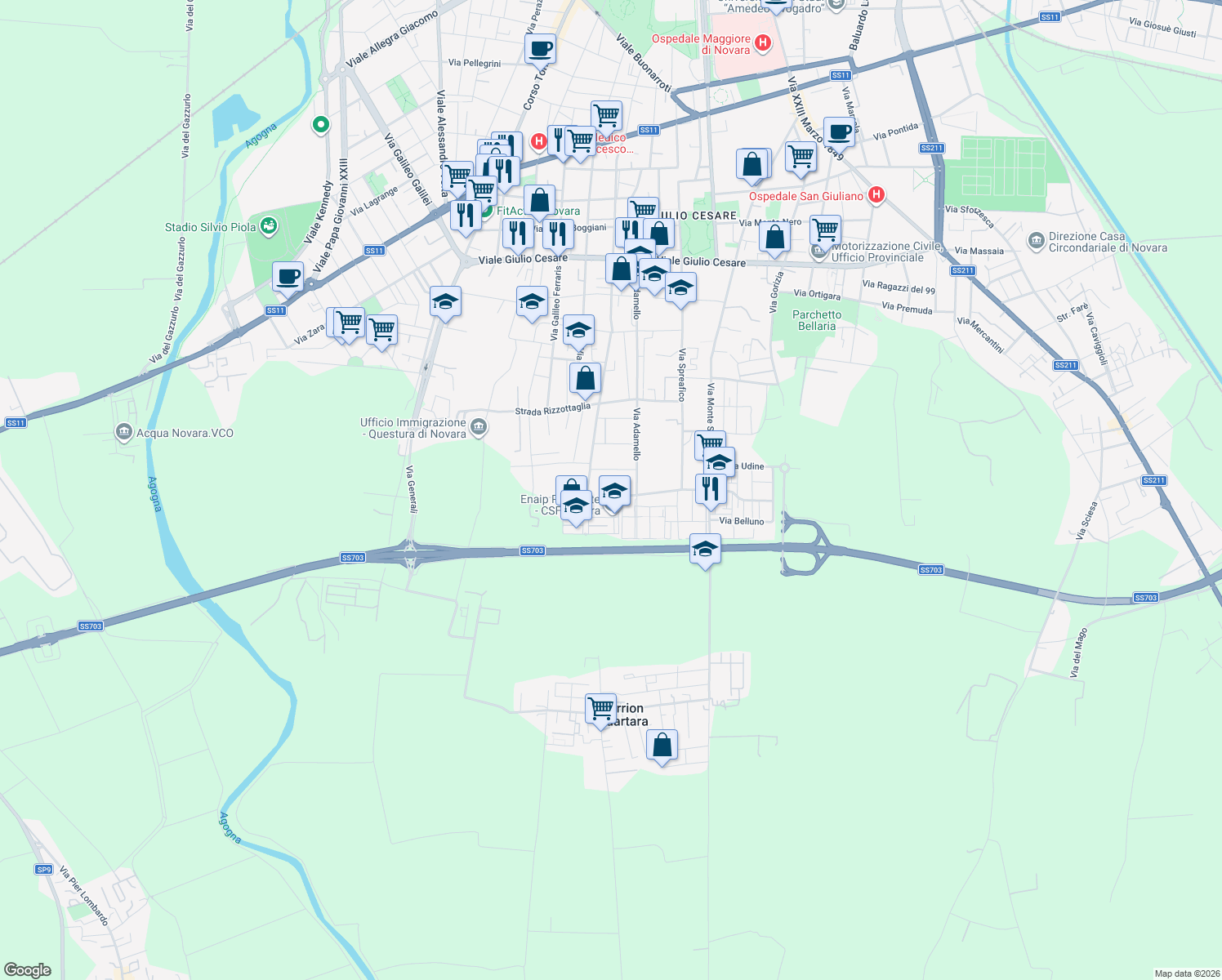 map of restaurants, bars, coffee shops, grocery stores, and more near 15 Via L. Ariosto in Novara