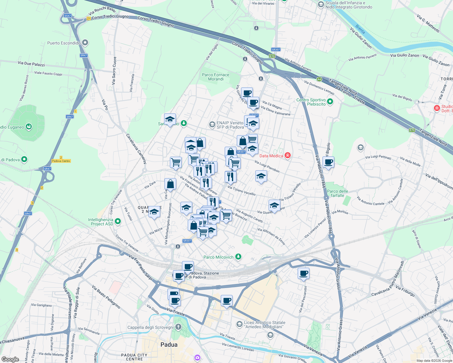 map of restaurants, bars, coffee shops, grocery stores, and more near 185 Via Tiziano Aspetti in Padua