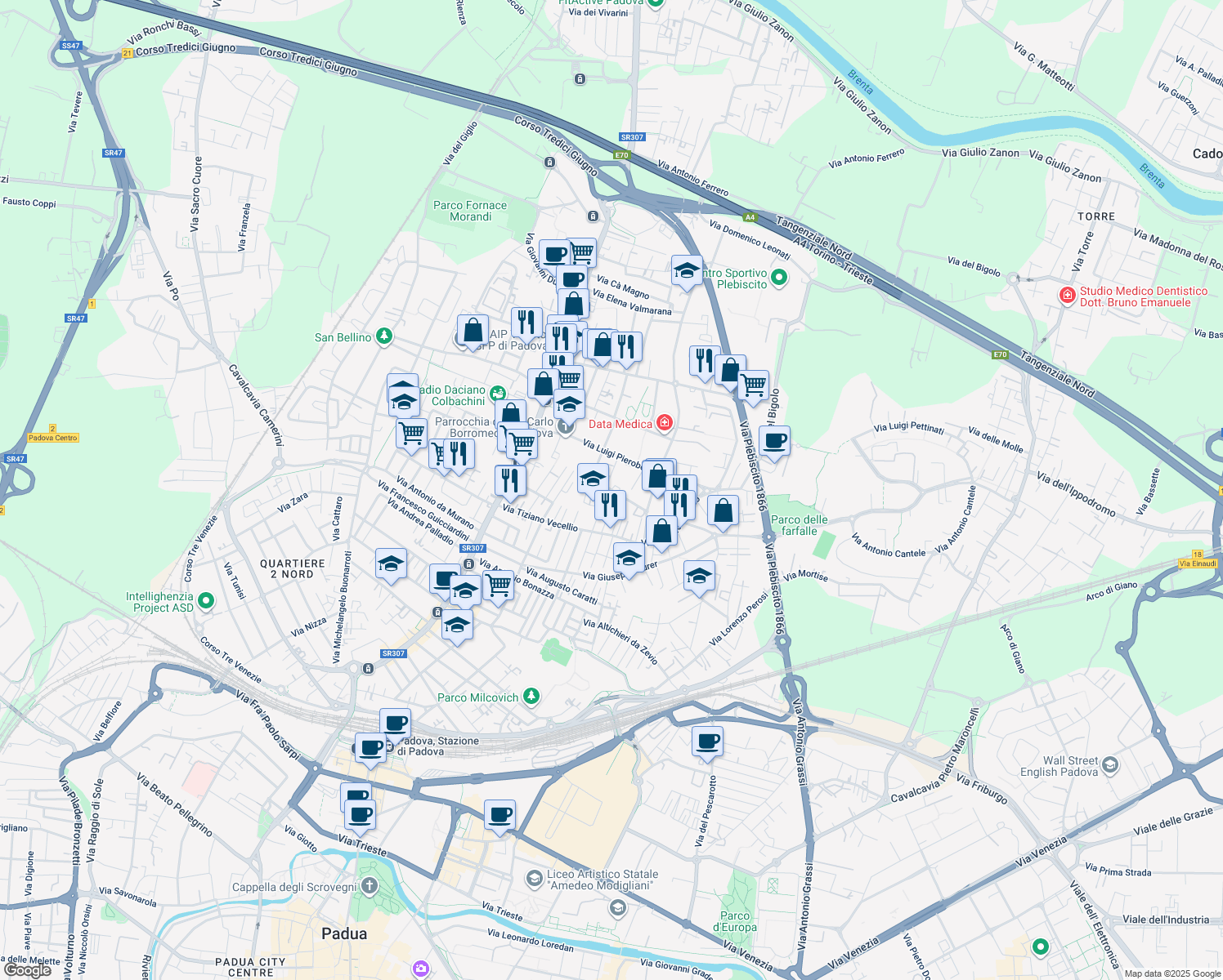 map of restaurants, bars, coffee shops, grocery stores, and more near Via Leonardo da Vinci in Padova