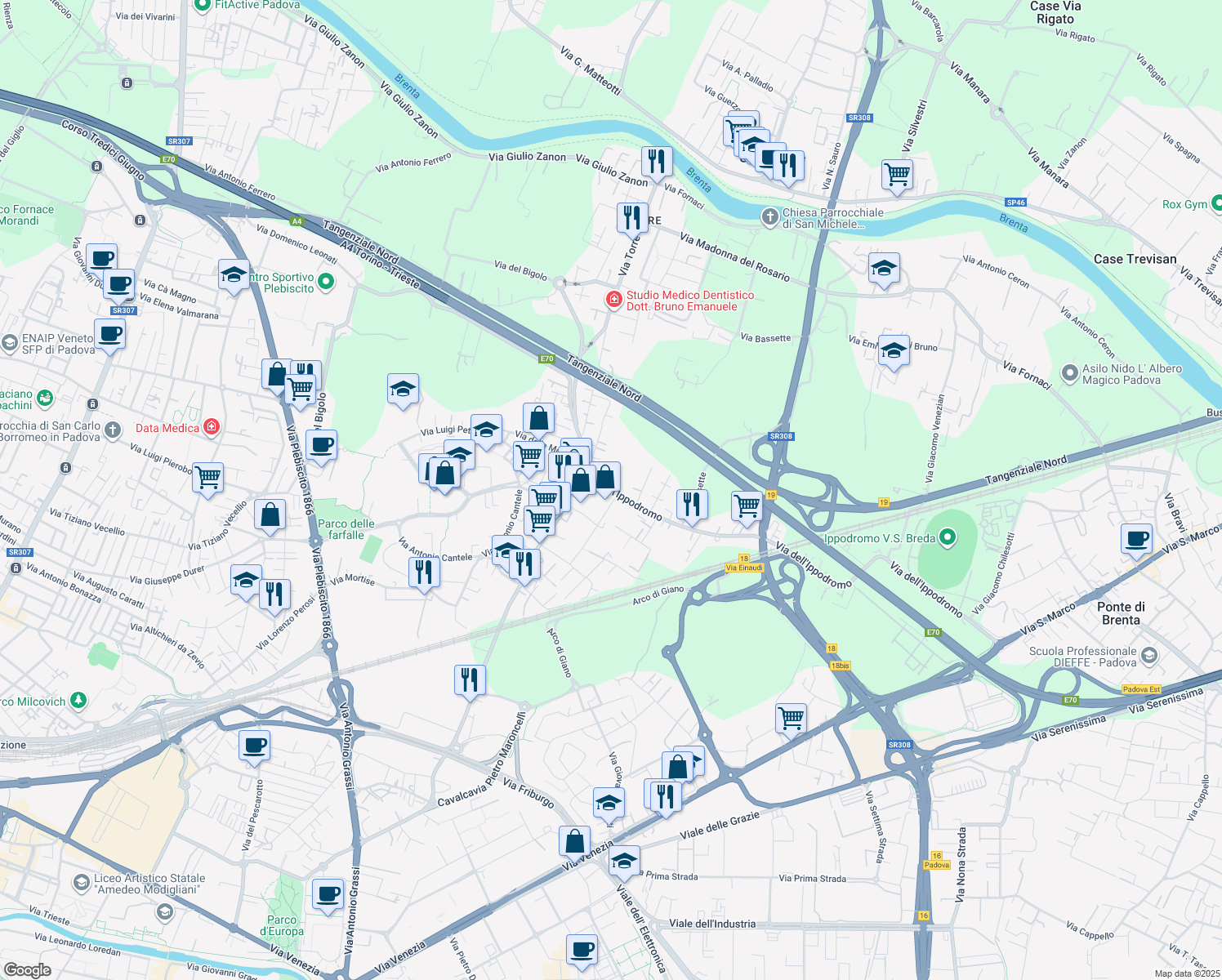 map of restaurants, bars, coffee shops, grocery stores, and more near 74 Via Ippodromo in Padua