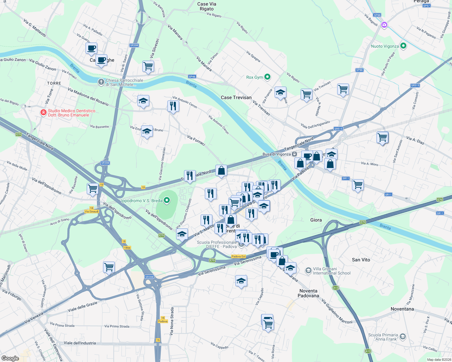 map of restaurants, bars, coffee shops, grocery stores, and more near 21 Via Fratelli Cervi in Padua
