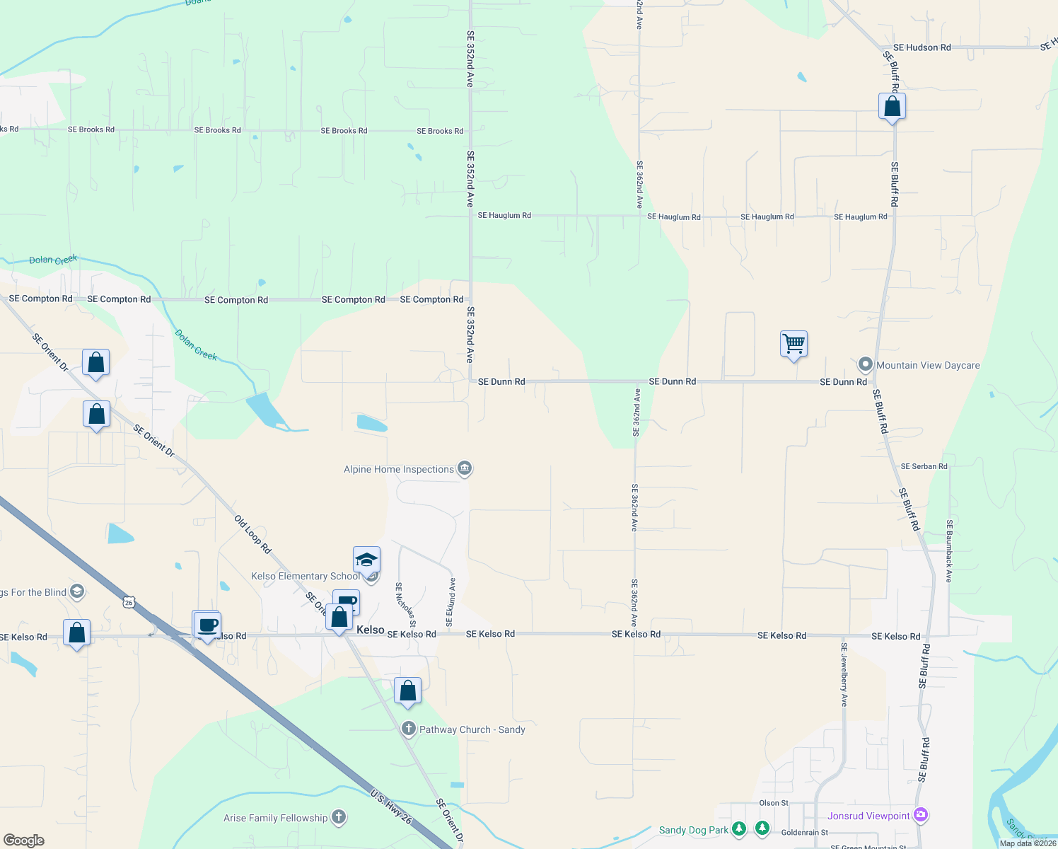 map of restaurants, bars, coffee shops, grocery stores, and more near 35600 Southeast Dunn Road in Boring