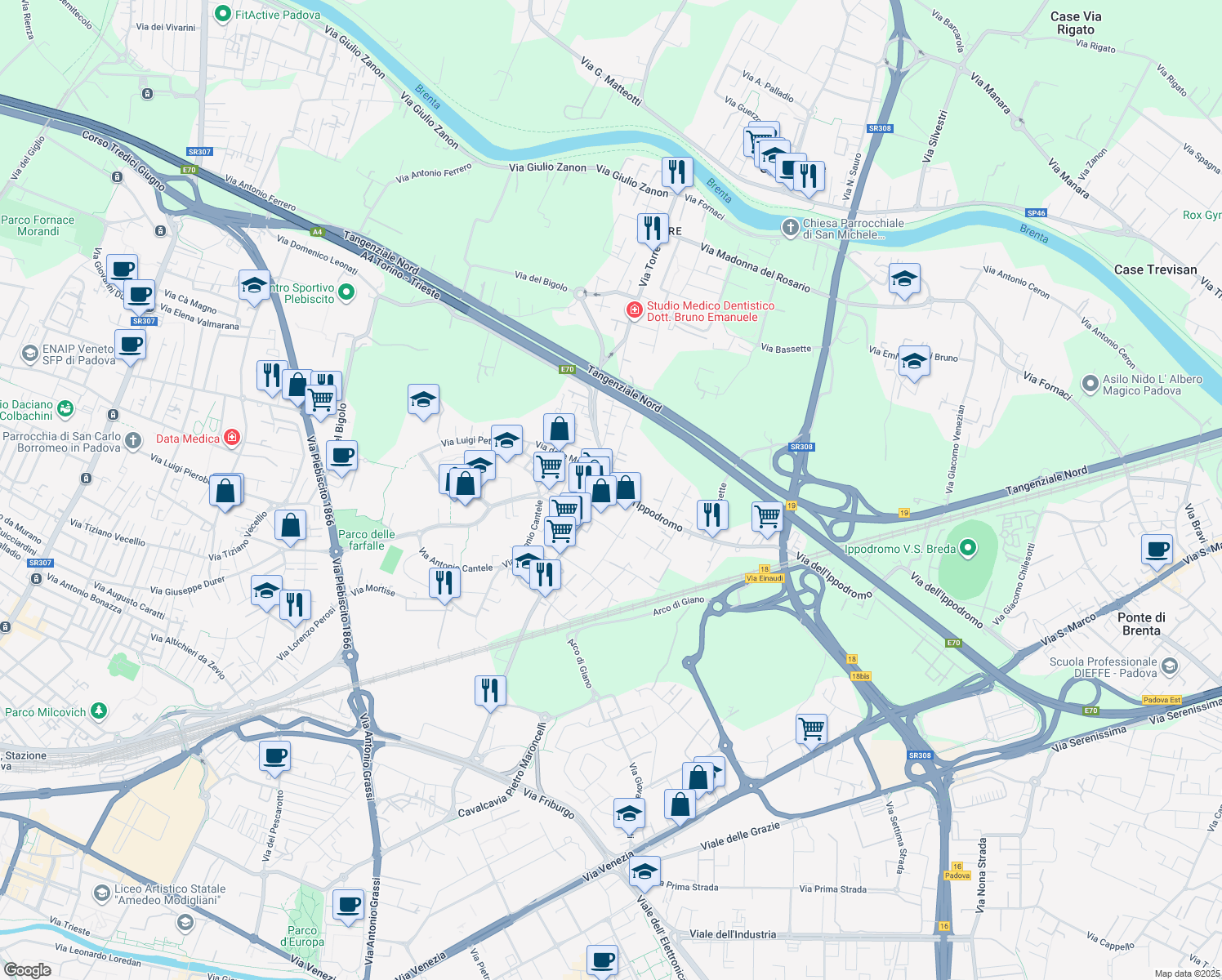 map of restaurants, bars, coffee shops, grocery stores, and more near 74 Via dell'Ippodromo in Padova