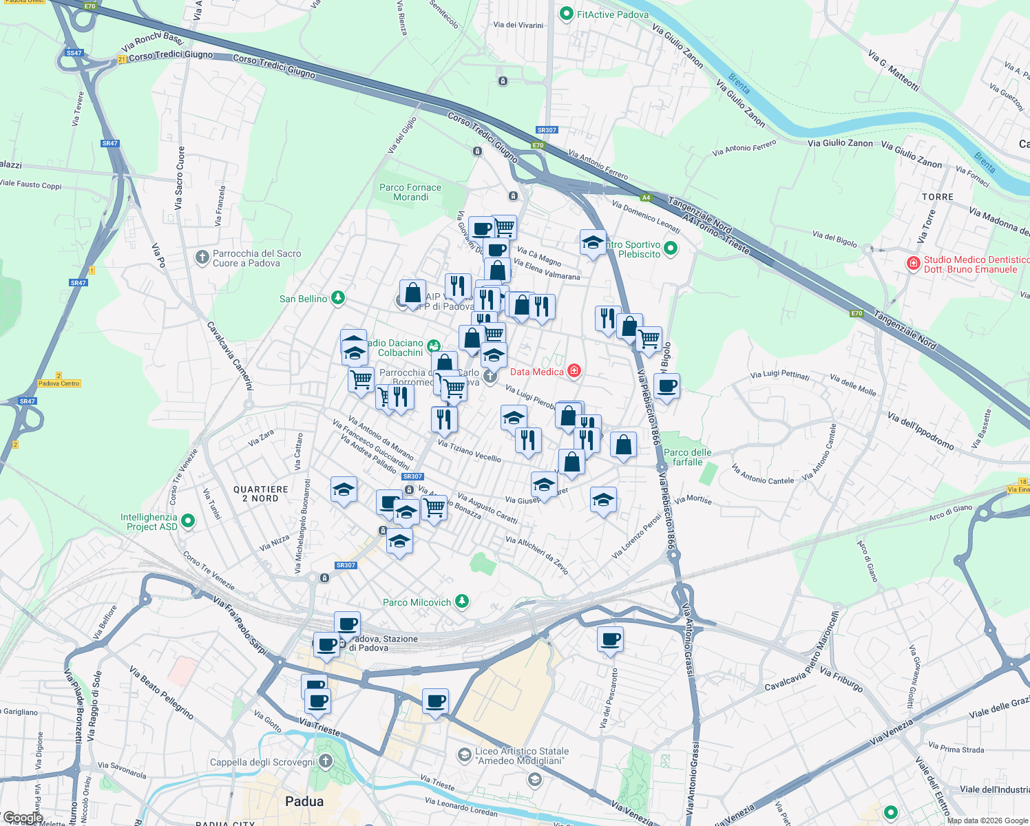map of restaurants, bars, coffee shops, grocery stores, and more near 4 Via Grazioso Antonio in Padova