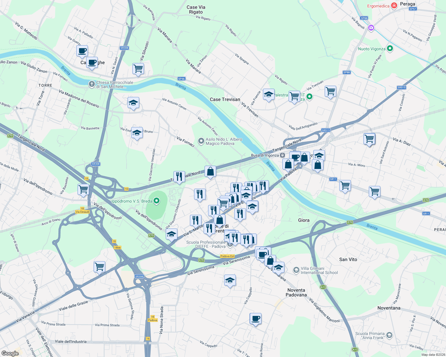 map of restaurants, bars, coffee shops, grocery stores, and more near 12 Via Pietro Micca in Padova