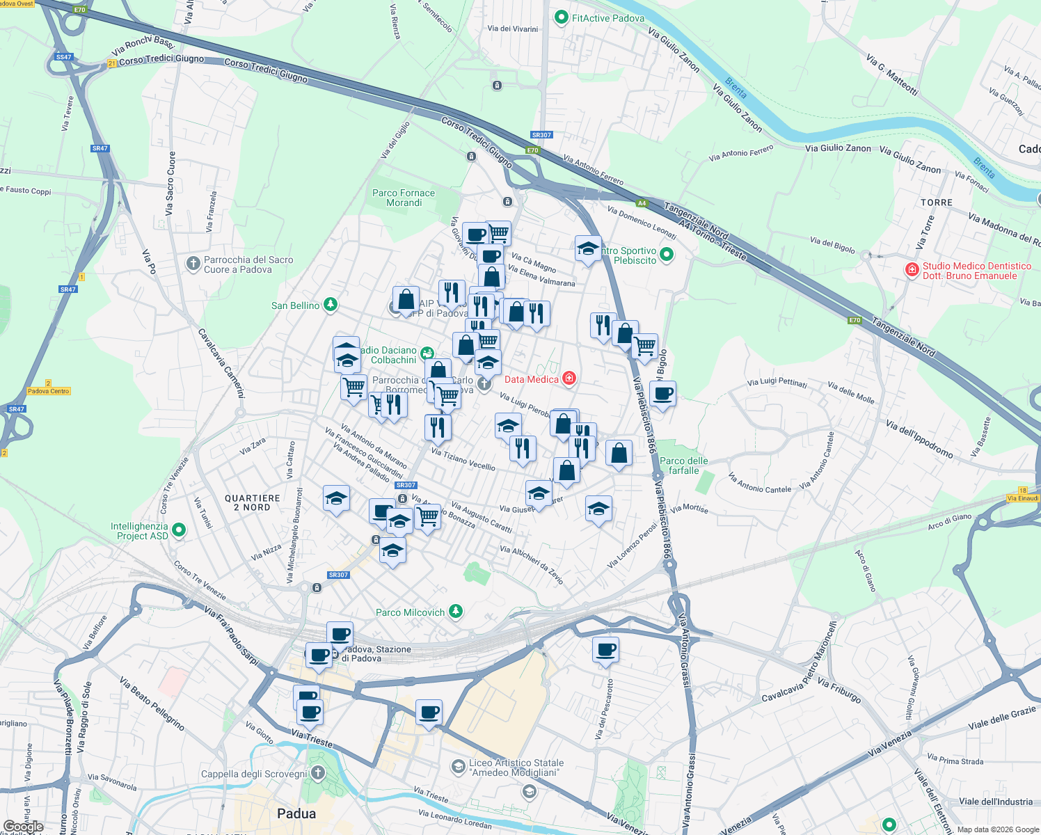 map of restaurants, bars, coffee shops, grocery stores, and more near 4 Via Grazioso Antonio in Padova