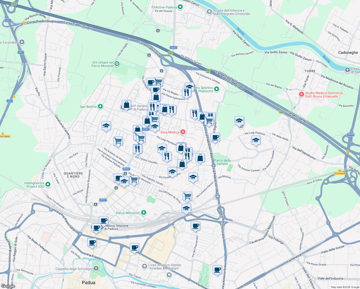 map of restaurants, bars, coffee shops, grocery stores, and more near 25 Via Luigi Pierobon in Padova