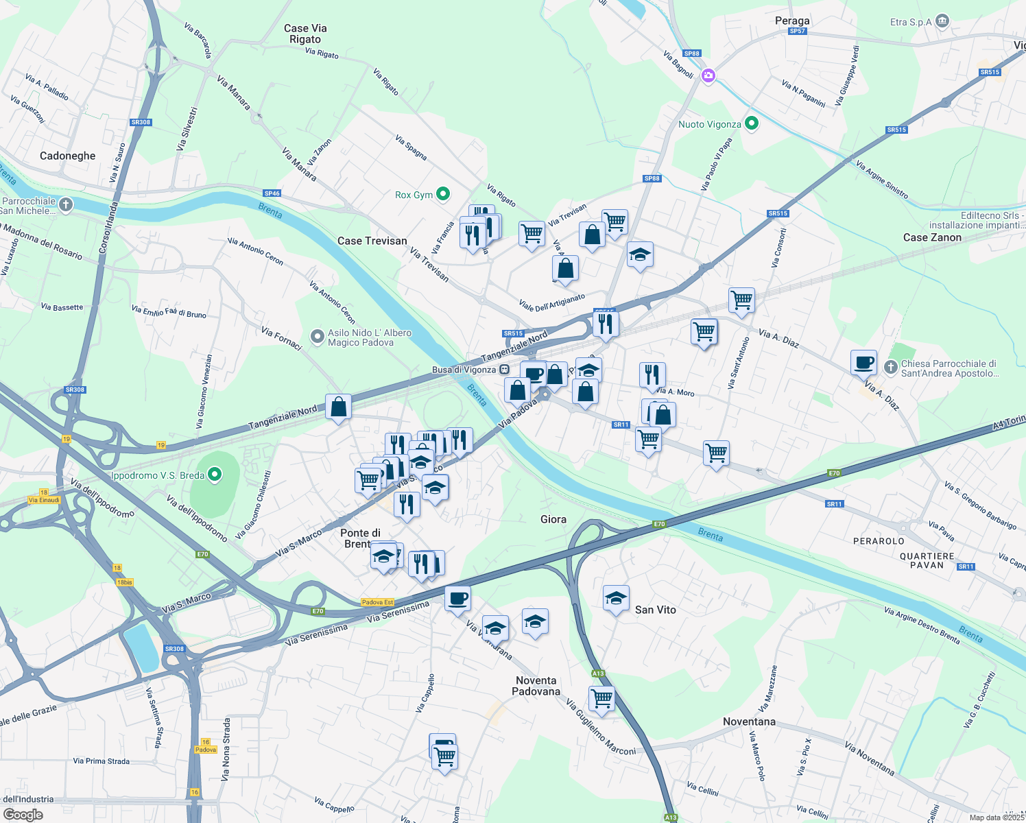 map of restaurants, bars, coffee shops, grocery stores, and more near 68 Via Padova in Vigonza