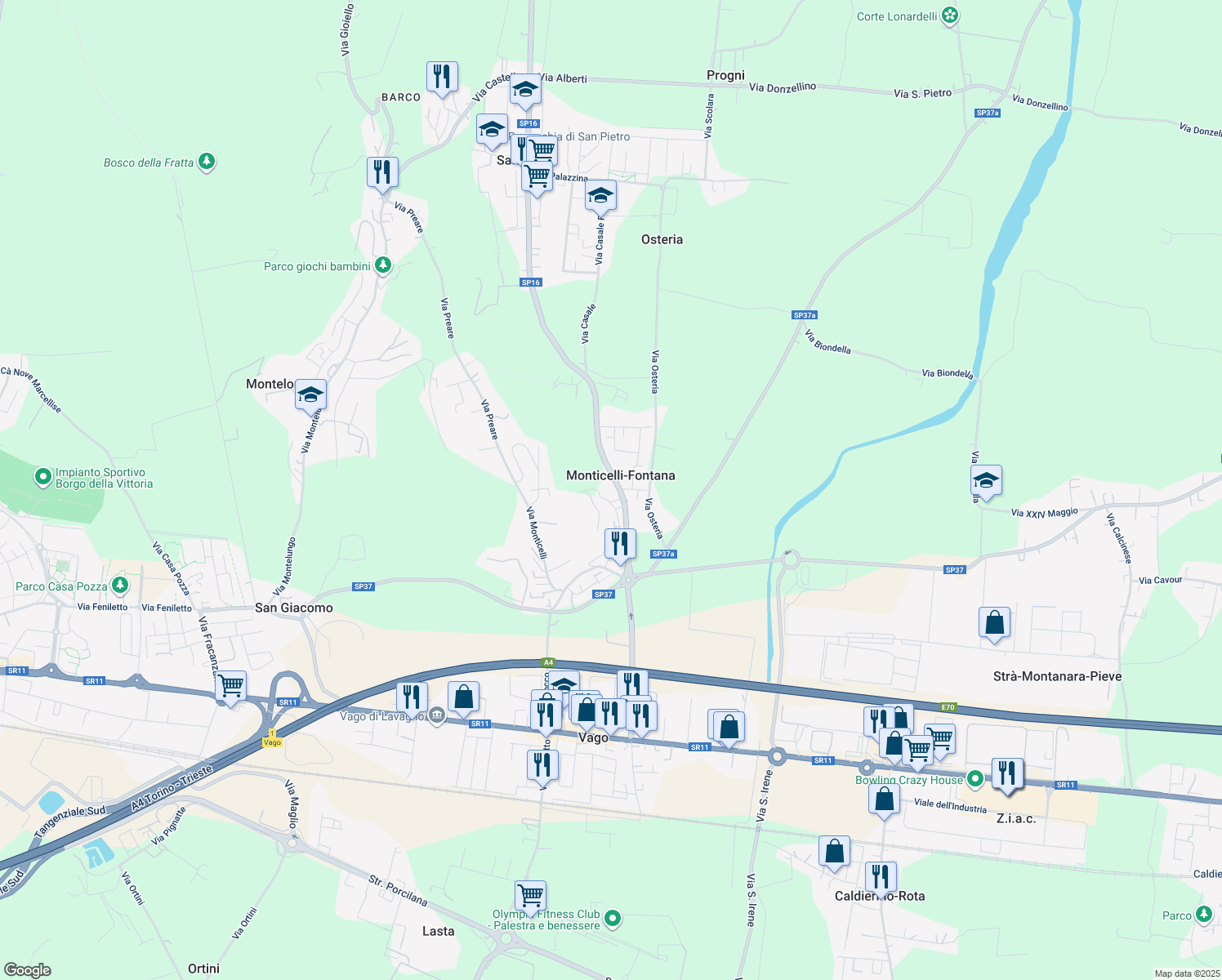 map of restaurants, bars, coffee shops, grocery stores, and more near 14A Via Fontana in Monticelli-fontana