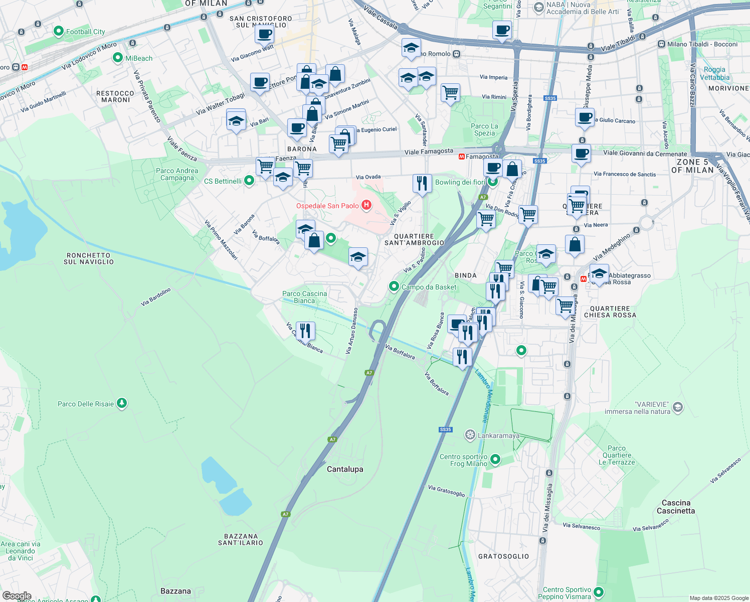 map of restaurants, bars, coffee shops, grocery stores, and more near 39 Via San Vigilio in Milano