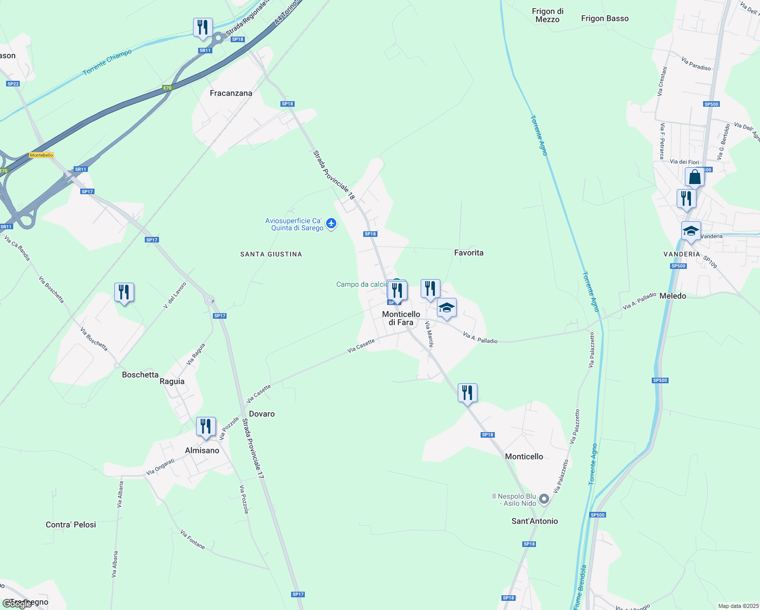 map of restaurants, bars, coffee shops, grocery stores, and more near 56 Via Alessandro Volta in Monticello di Fara