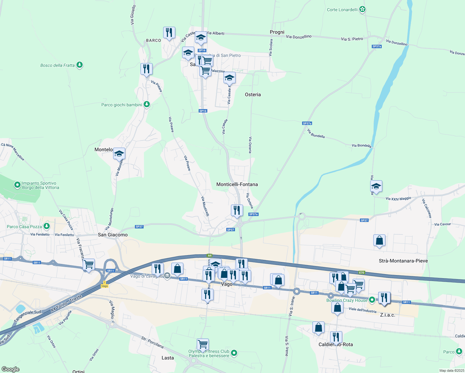 map of restaurants, bars, coffee shops, grocery stores, and more near 14A Via Fontana in Monticelli-fontana
