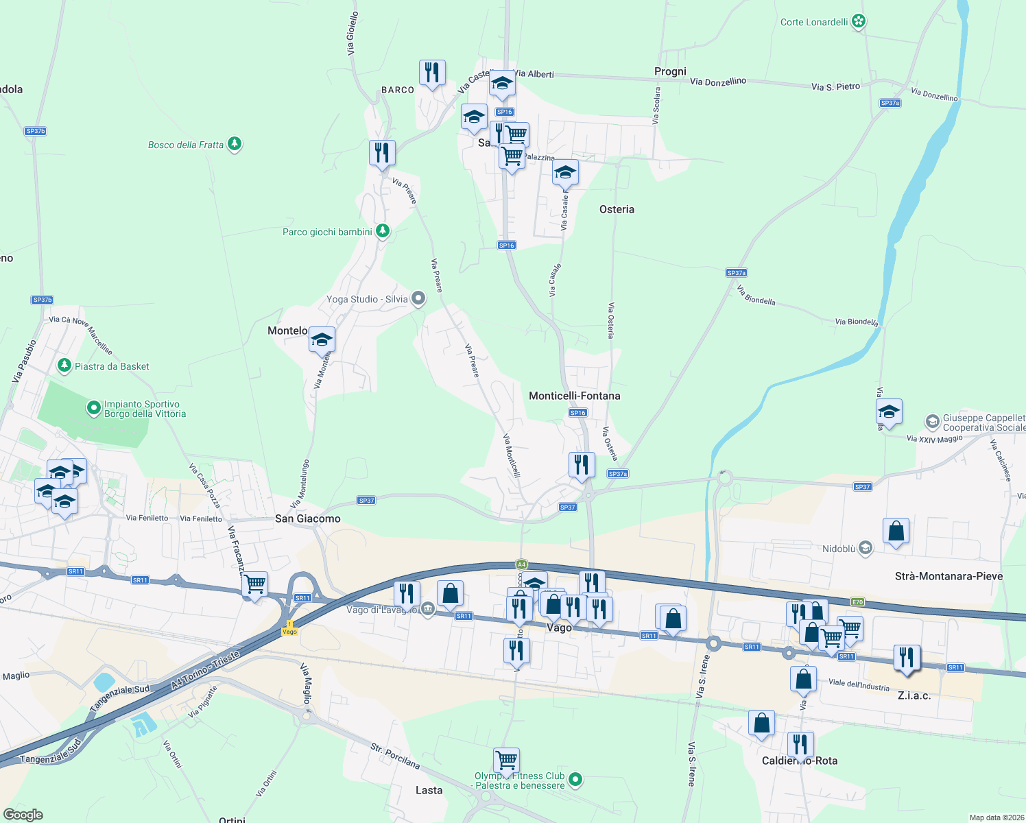map of restaurants, bars, coffee shops, grocery stores, and more near 10 Via Corno D'Aquilio in Monticelli-fontana