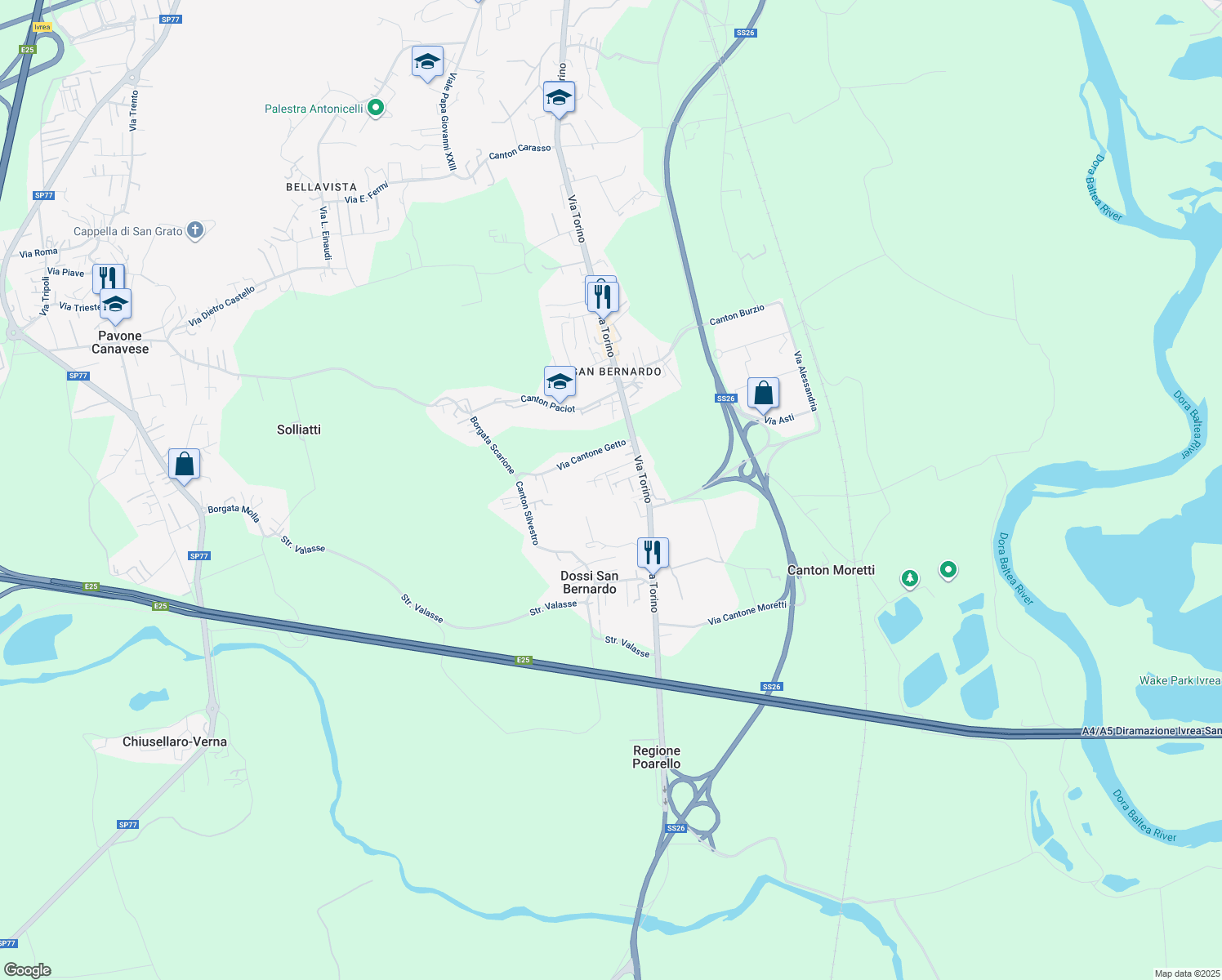 map of restaurants, bars, coffee shops, grocery stores, and more near 31 Cantone Bevolo in Ivrea
