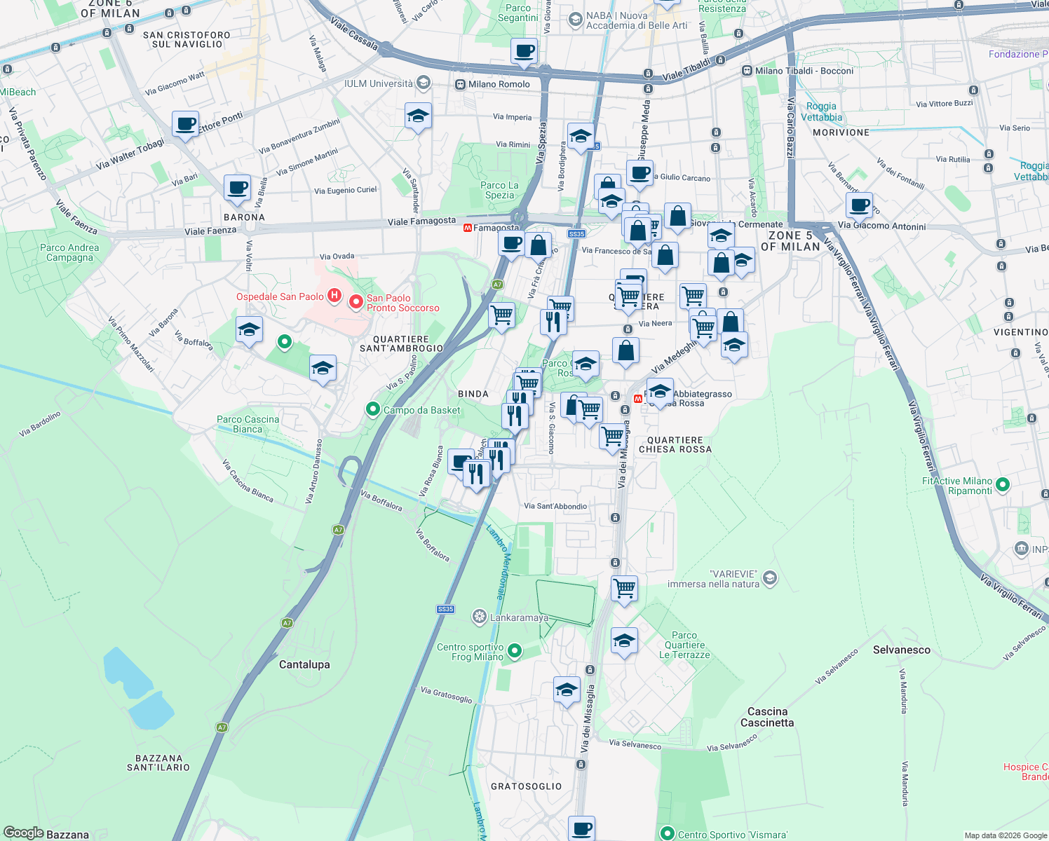 map of restaurants, bars, coffee shops, grocery stores, and more near 202-224 Alzaia Naviglio Pavese in Milan