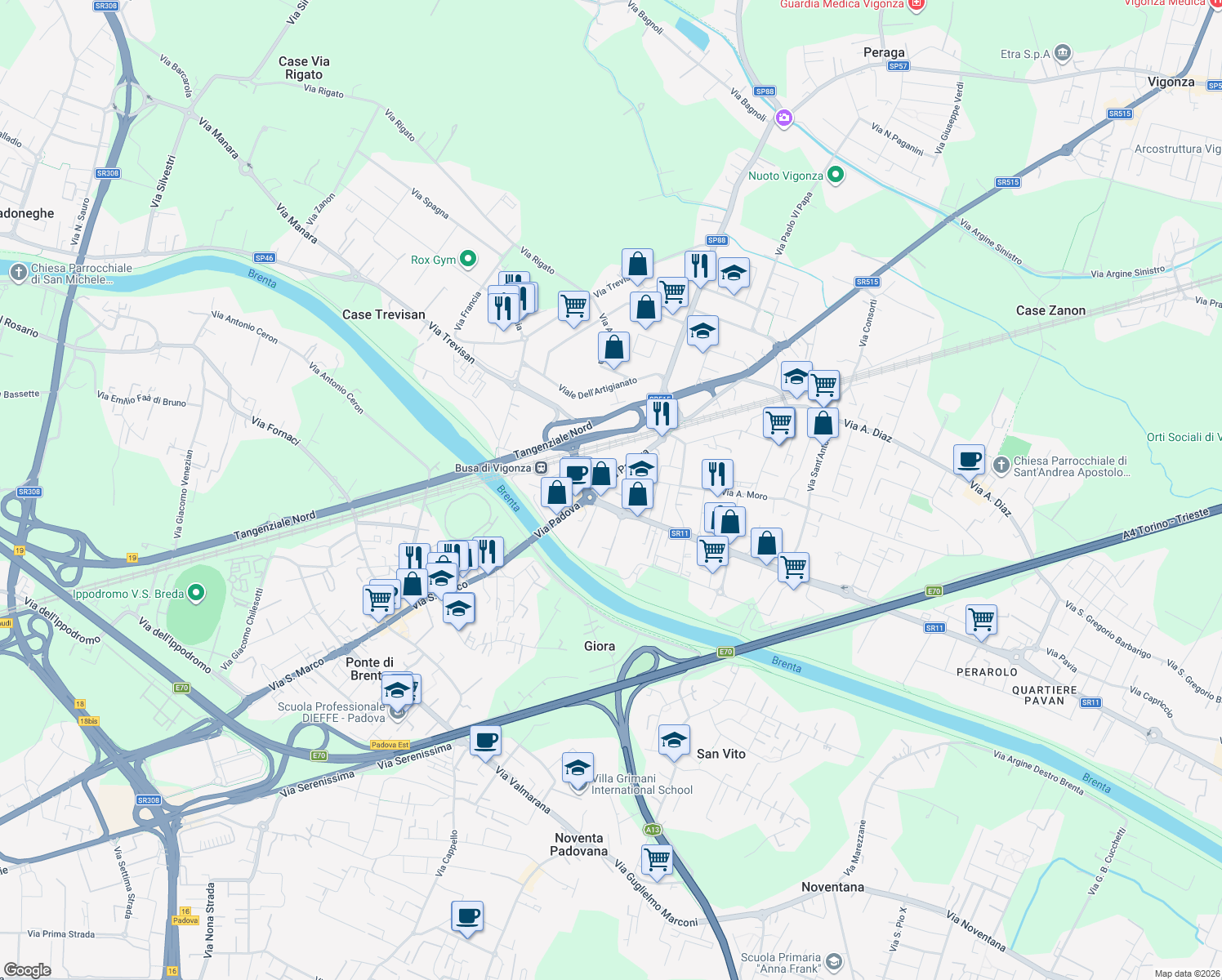 map of restaurants, bars, coffee shops, grocery stores, and more near 63A Via Padova in Vigonza