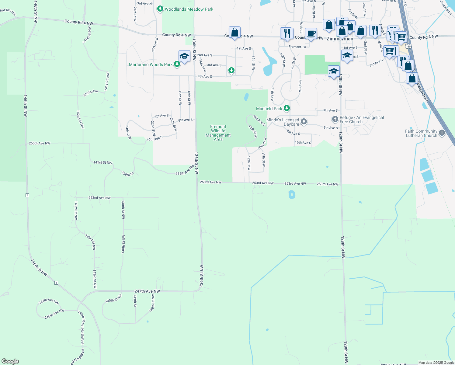 map of restaurants, bars, coffee shops, grocery stores, and more near 13440 253rd Avenue Northwest in Zimmerman