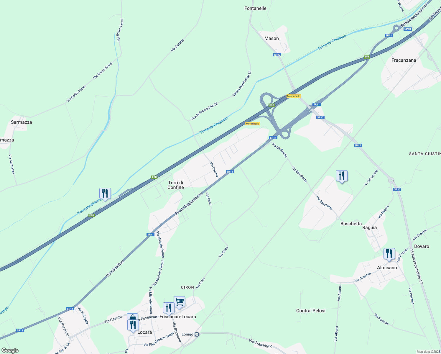 map of restaurants, bars, coffee shops, grocery stores, and more near 26 SR11 in Torri di Confine