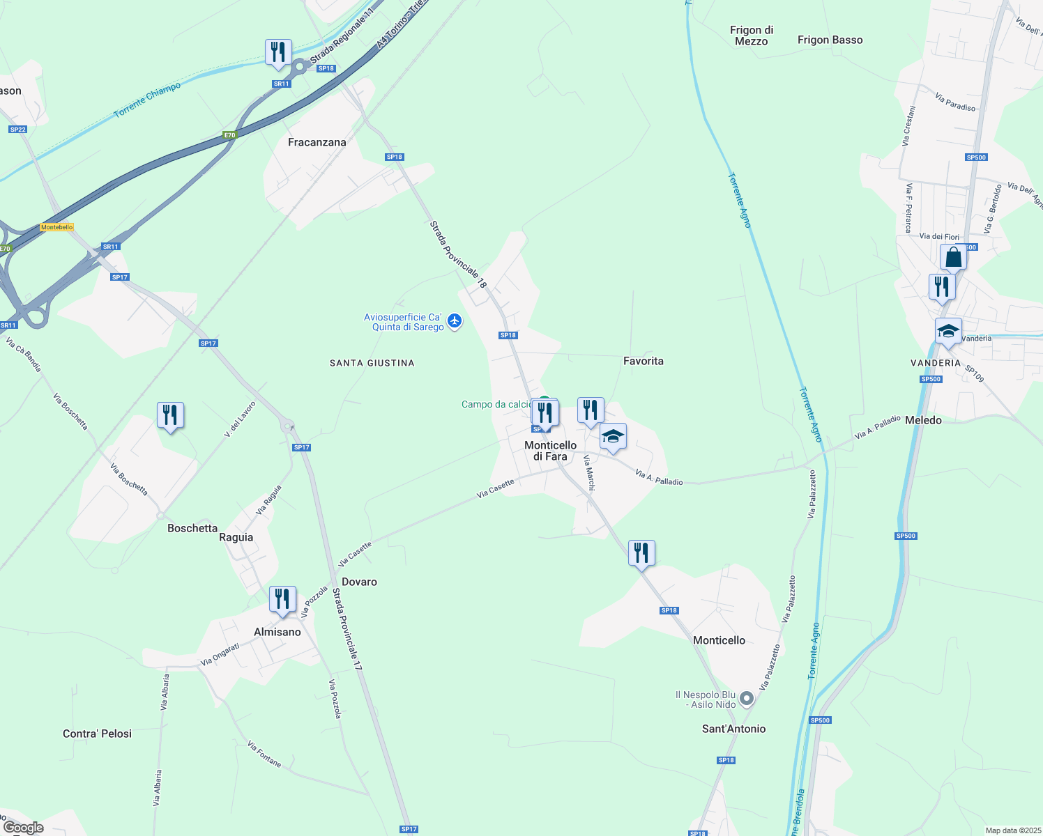 map of restaurants, bars, coffee shops, grocery stores, and more near 56 Via Alessandro Volta in Monticello di Fara