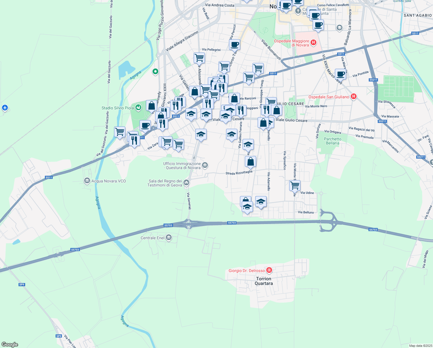 map of restaurants, bars, coffee shops, grocery stores, and more near 46 Via Crimea in Novara