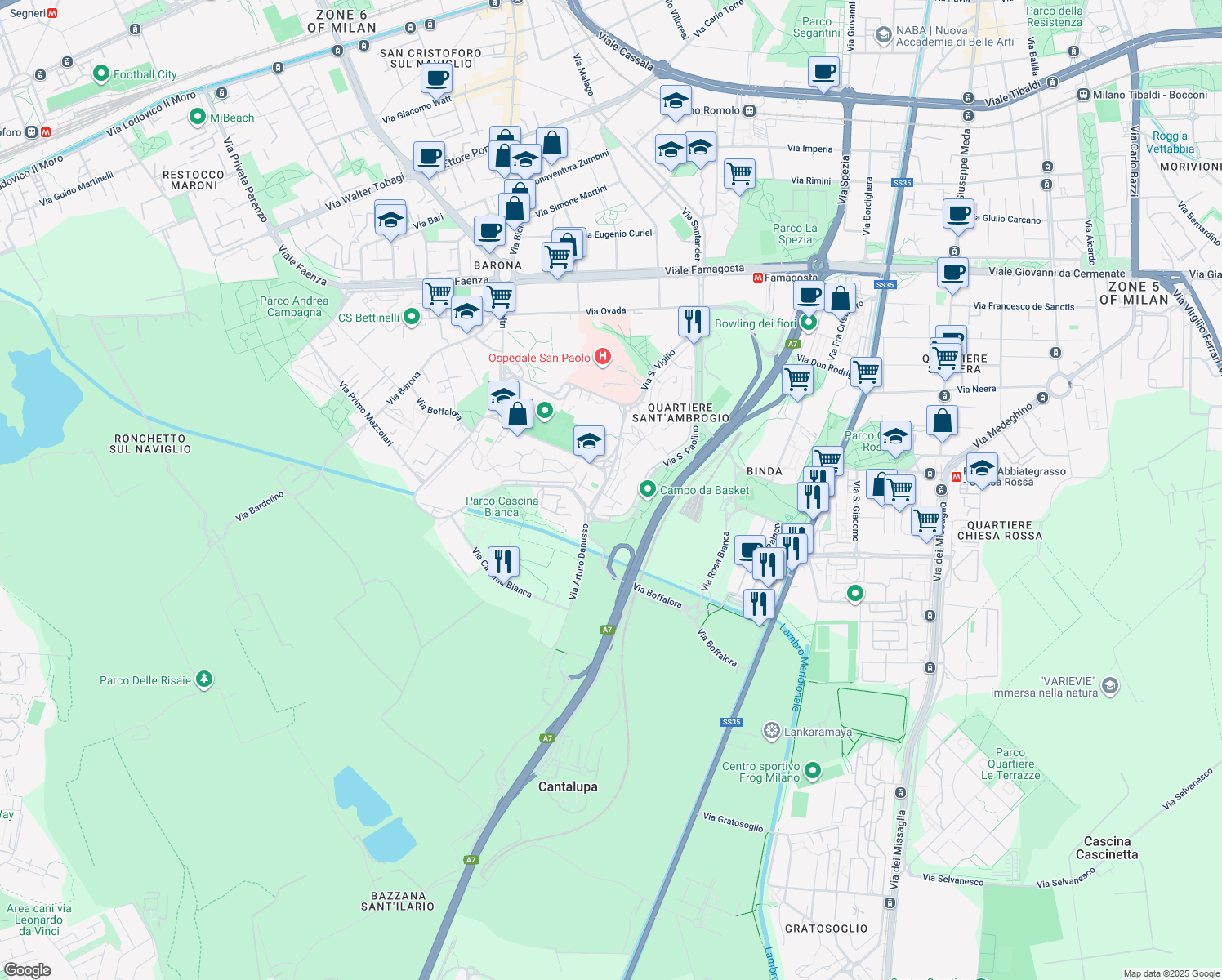 map of restaurants, bars, coffee shops, grocery stores, and more near 39 Via San Vigilio in Milano