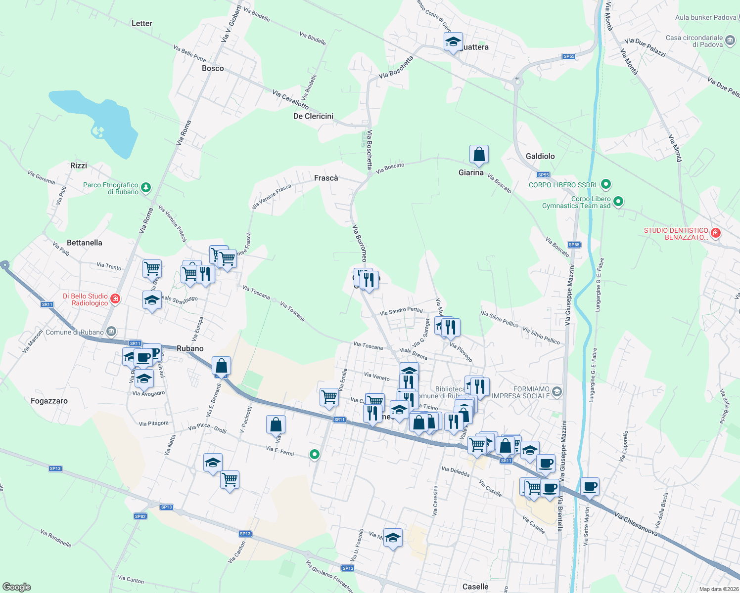 map of restaurants, bars, coffee shops, grocery stores, and more near 80A Via Borromeo in Cascina Griggio