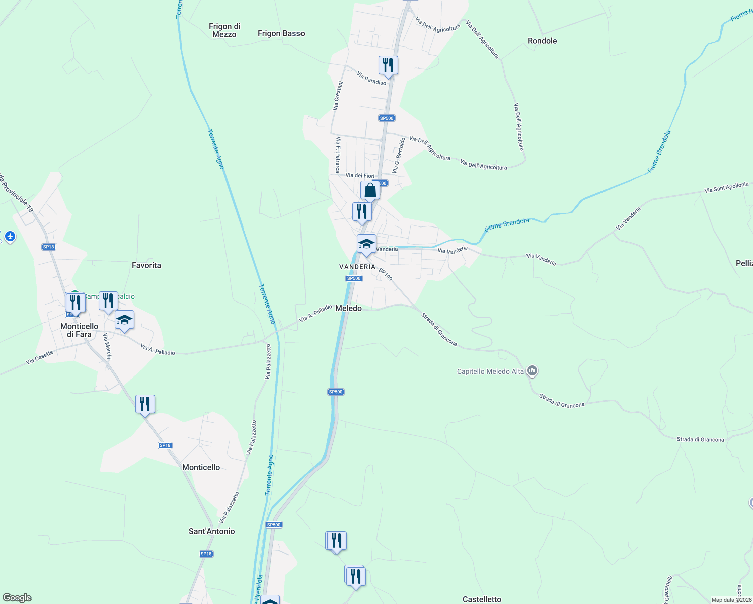 map of restaurants, bars, coffee shops, grocery stores, and more near 81 Via degli Arnaldi in Meledo