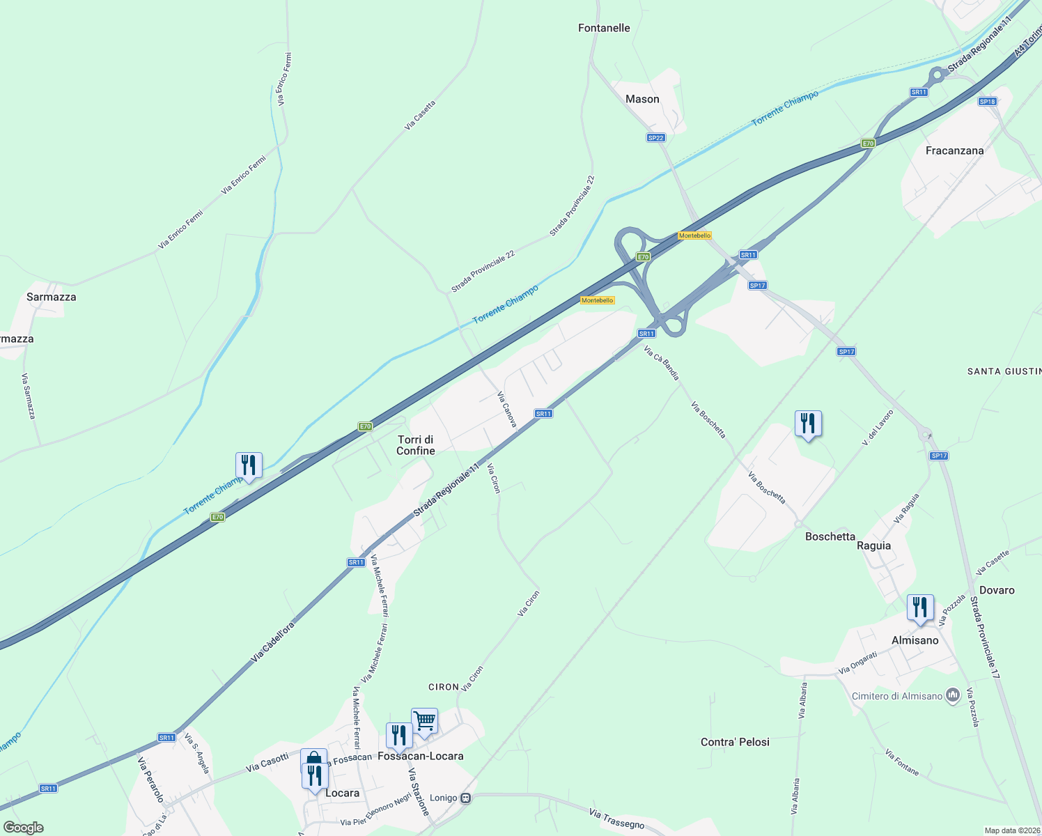 map of restaurants, bars, coffee shops, grocery stores, and more near 26 Strada Regionale 11 in Torri di Confine