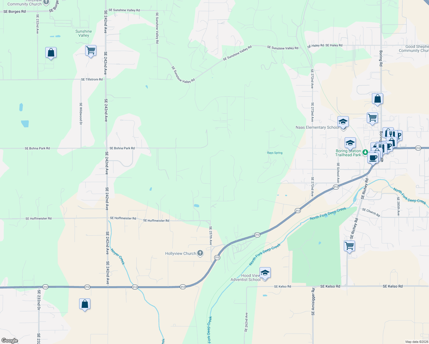 map of restaurants, bars, coffee shops, grocery stores, and more near 13000 Southeast 257th Avenue in Damascus